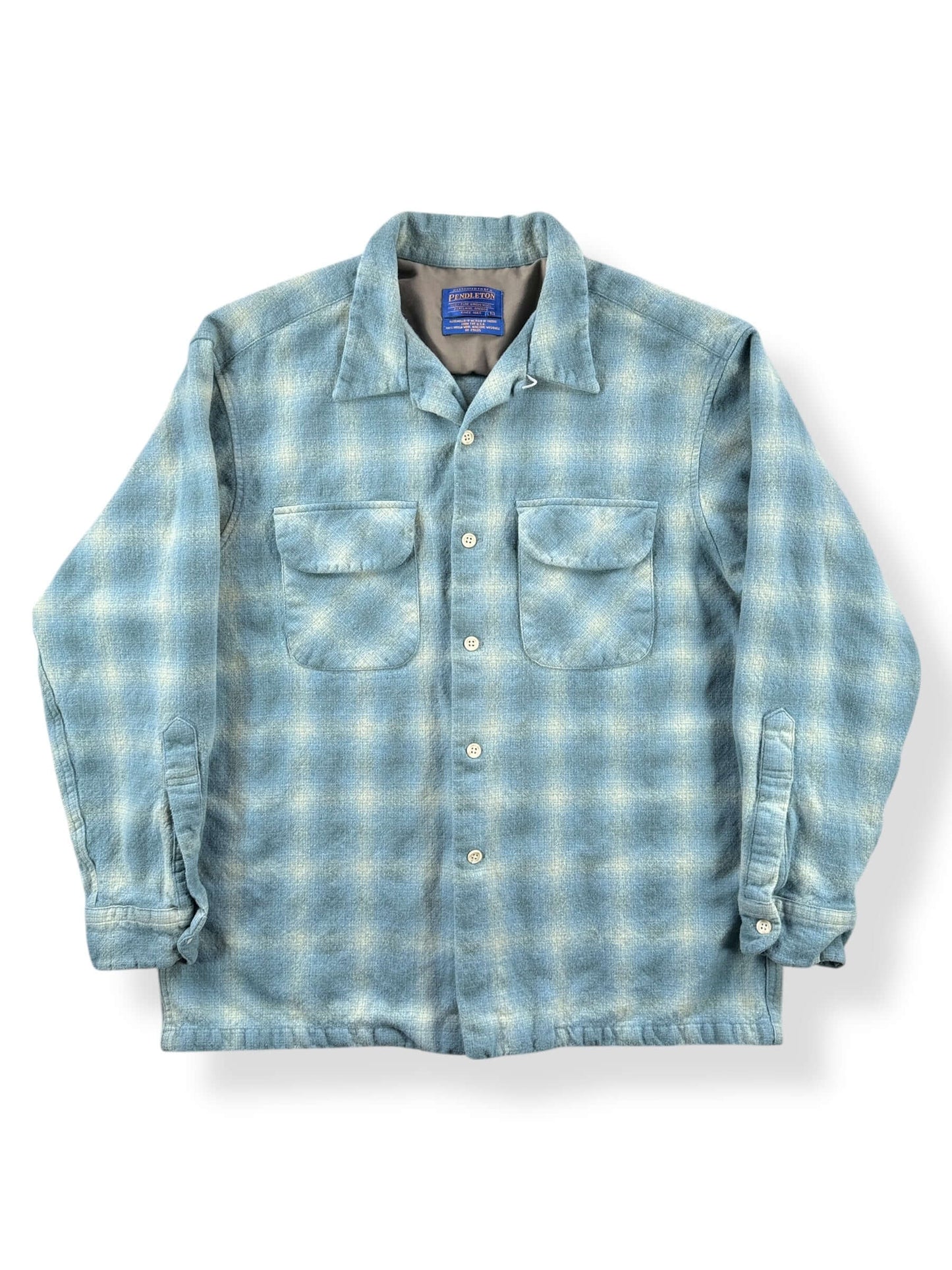 Front of Vintage Made In Mexico Pendleton Blue Plaid Board Shirt SZ L