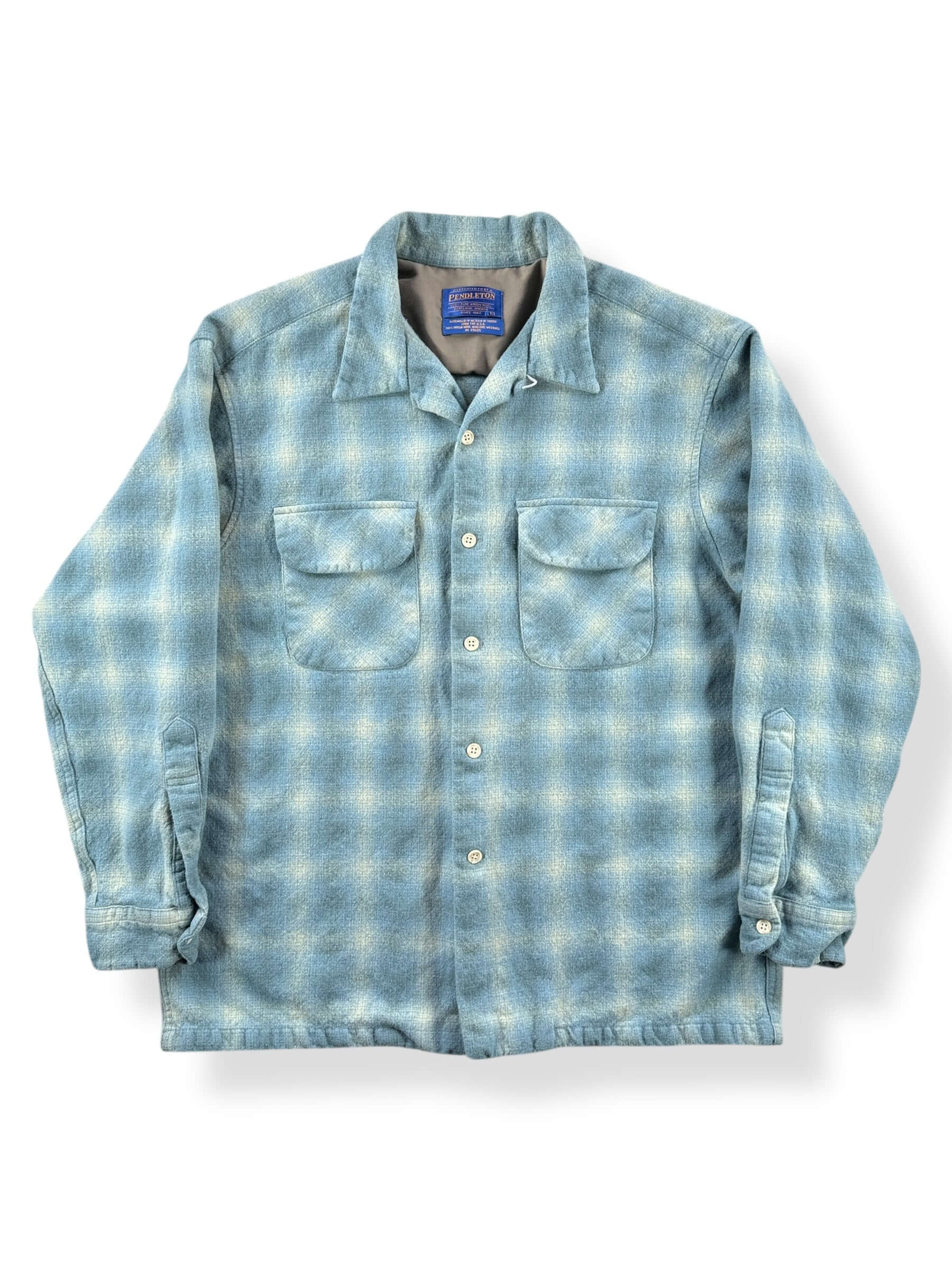 Front of Vintage Made In Mexico Pendleton Blue Plaid Board Shirt SZ L