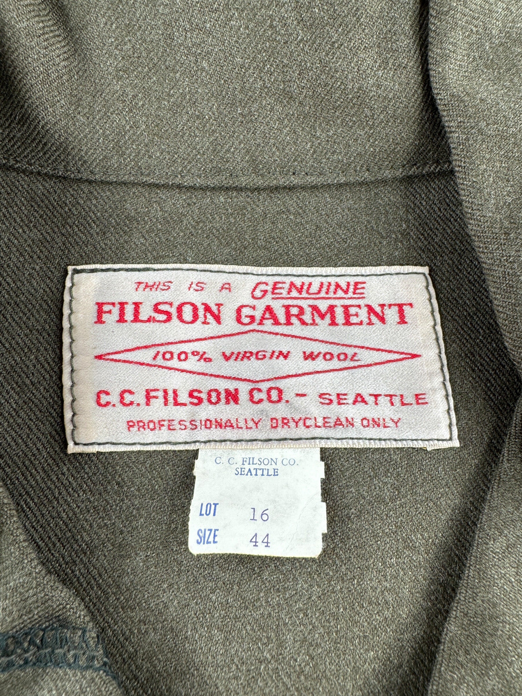 Label on Vintage NOS Filson Forestry Cloth Wool Jacket SZ 44