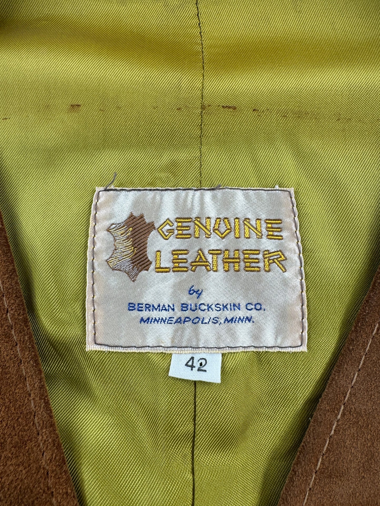 Label on Vintage Berman Buckskin Suede Vest SZ 42
