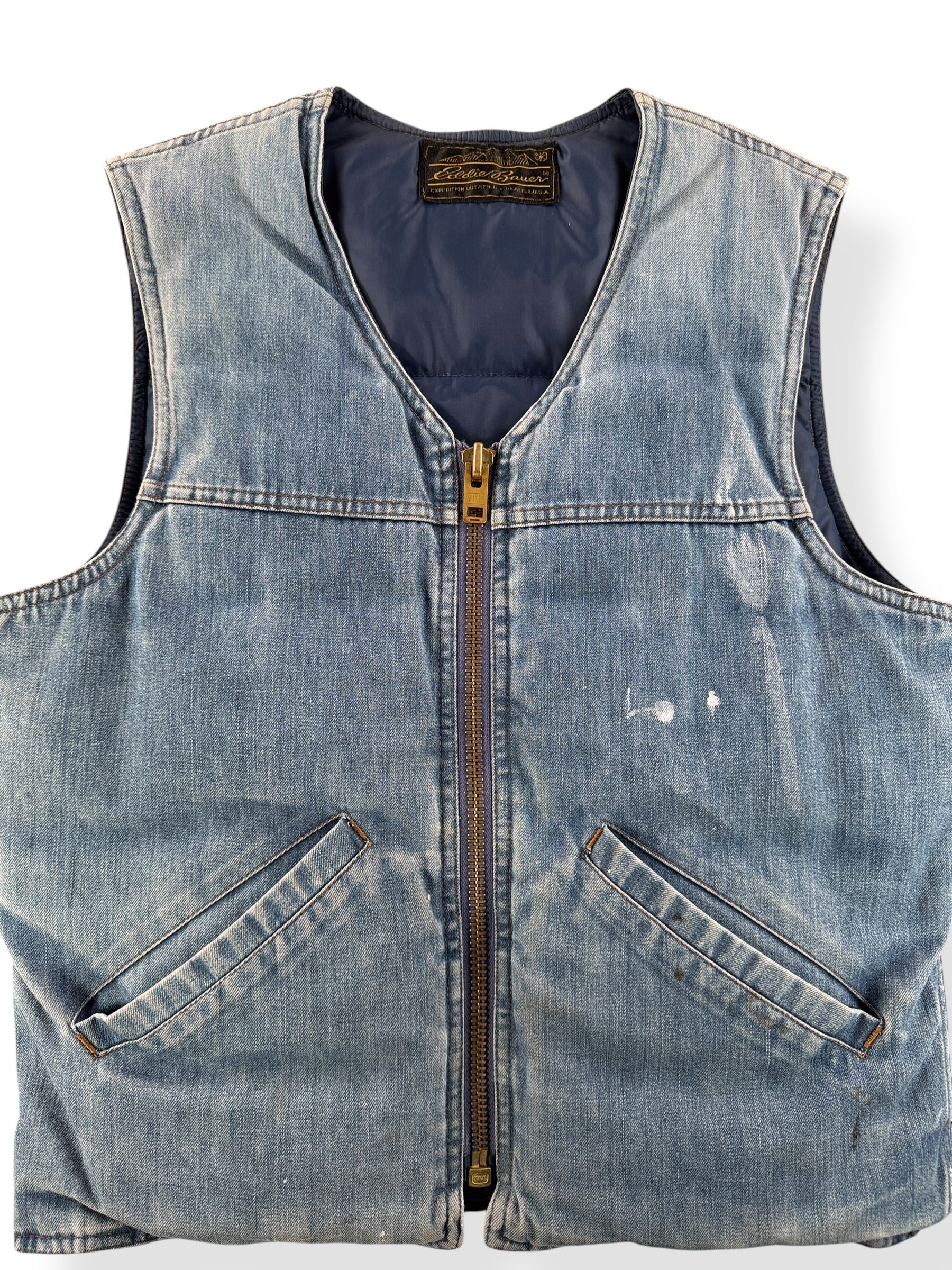 Front Close Up of Vintage Insulated Eddie Bauer Denim Vest SZ S