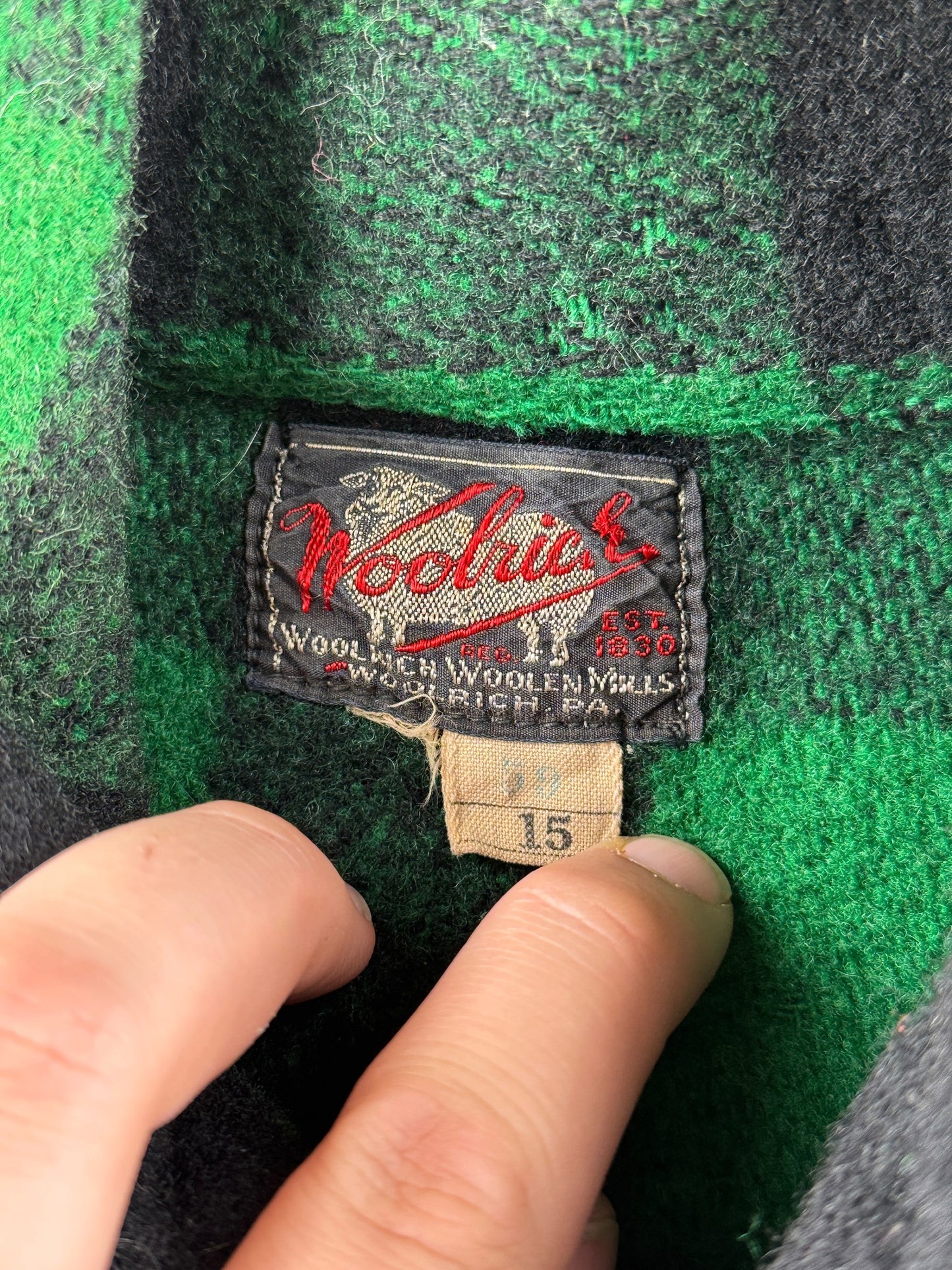 Tags on Vintage 50s Woolrich Green Buffalo Plaid Wool Flannel SZ 15