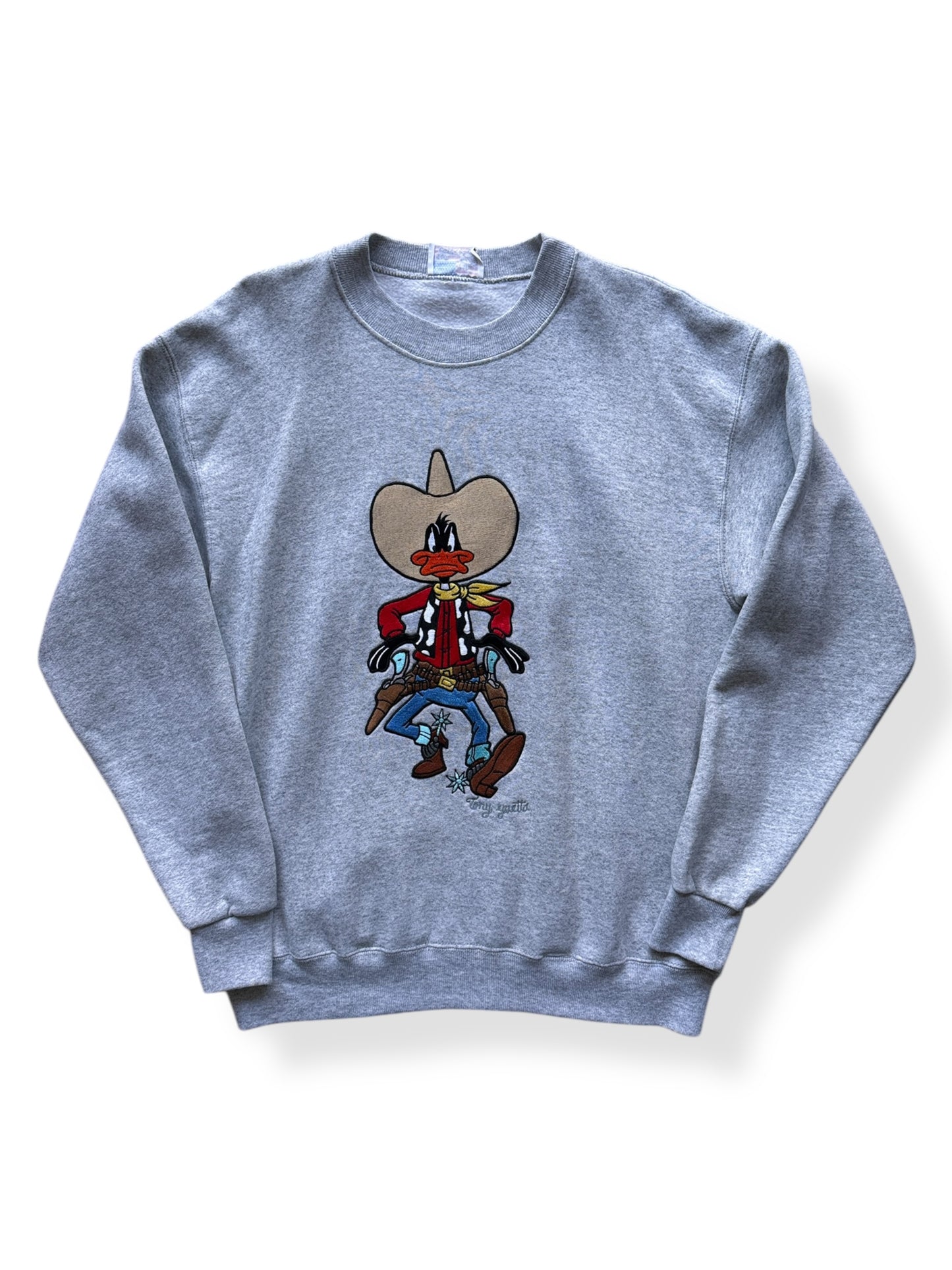 Front of Vintage Too Cute Cowboy Daffy Duck Crewneck SZ XL