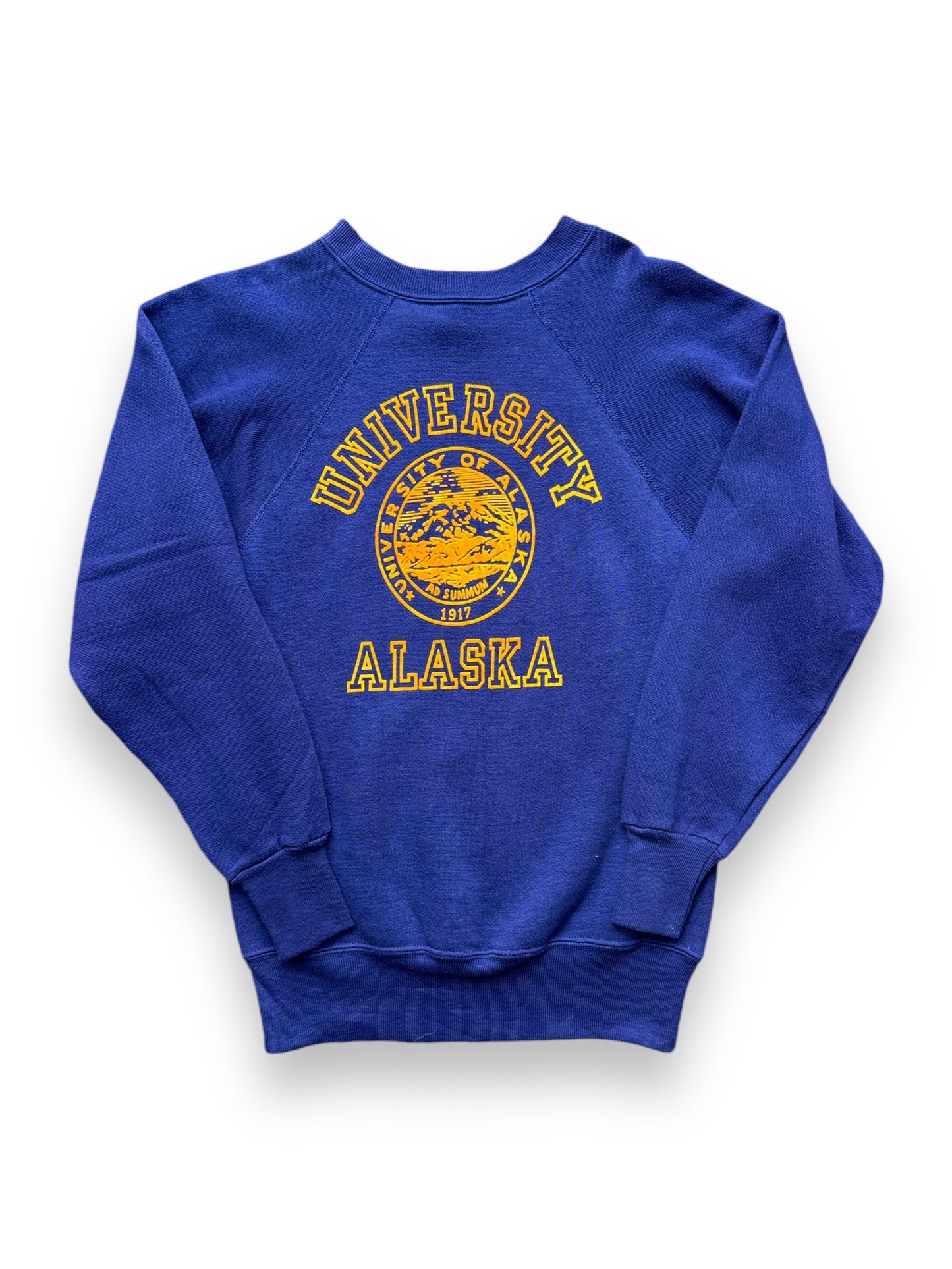 front of Vintage University of Alaska Flocked Crewneck SZ XS