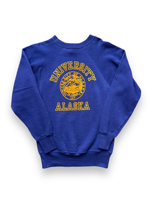 front of Vintage University of Alaska Flocked Crewneck SZ XS