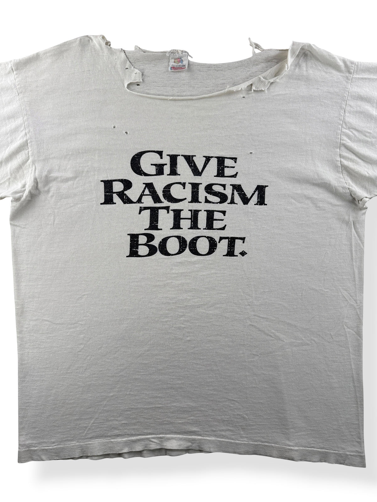 Close-up of Vintage Thrashed Give Racism The Boot Timberland Tee SZ XL