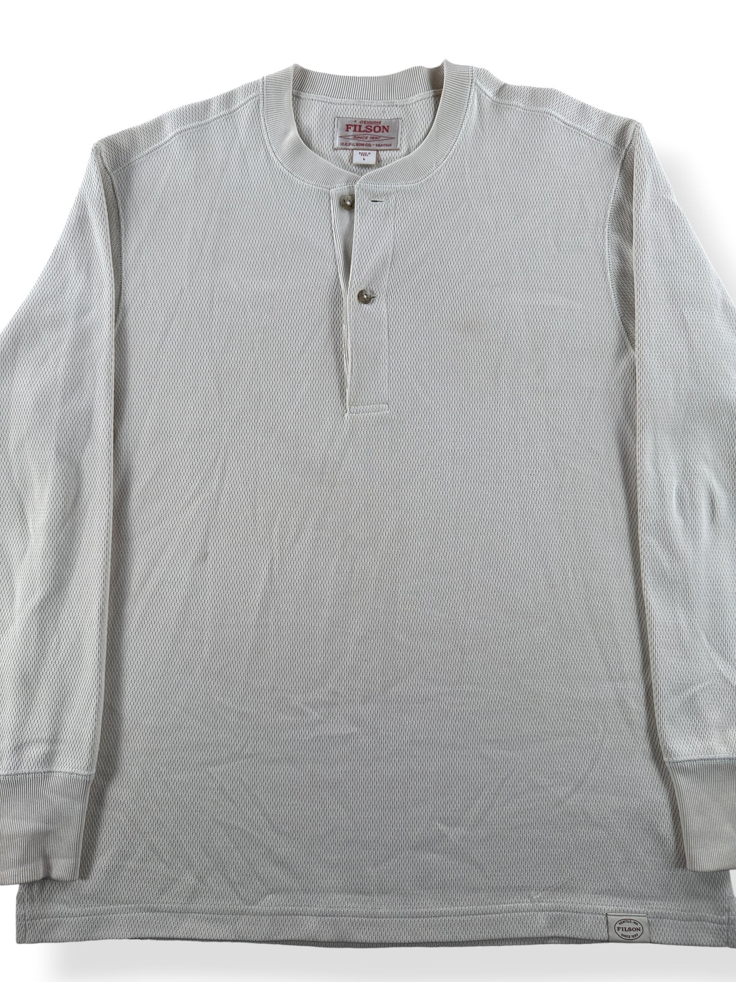 Front Close Up of Filson Sand Waffle Knit Henley SZ L