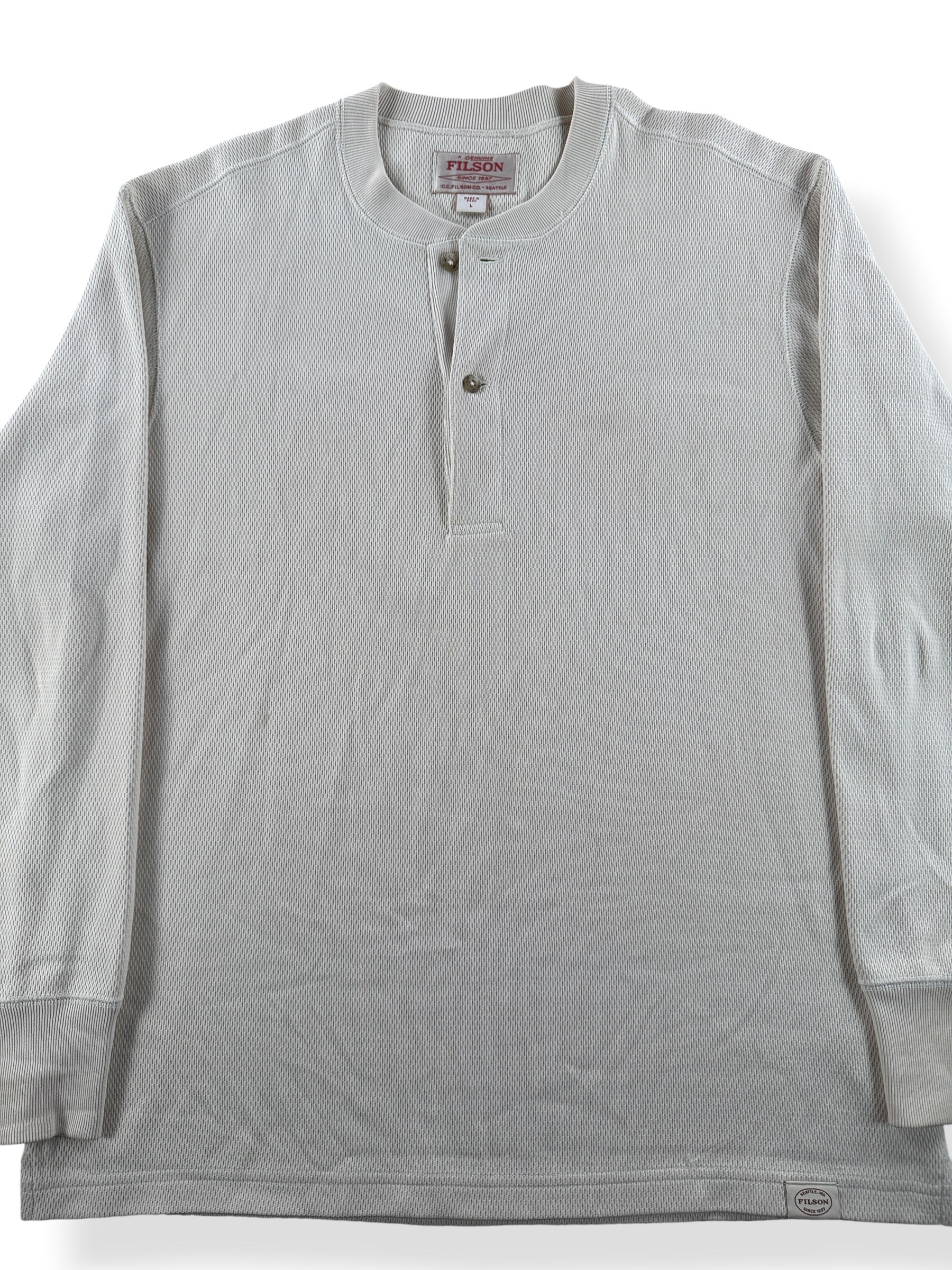 Front Close Up of Filson Sand Waffle Knit Henley SZ L