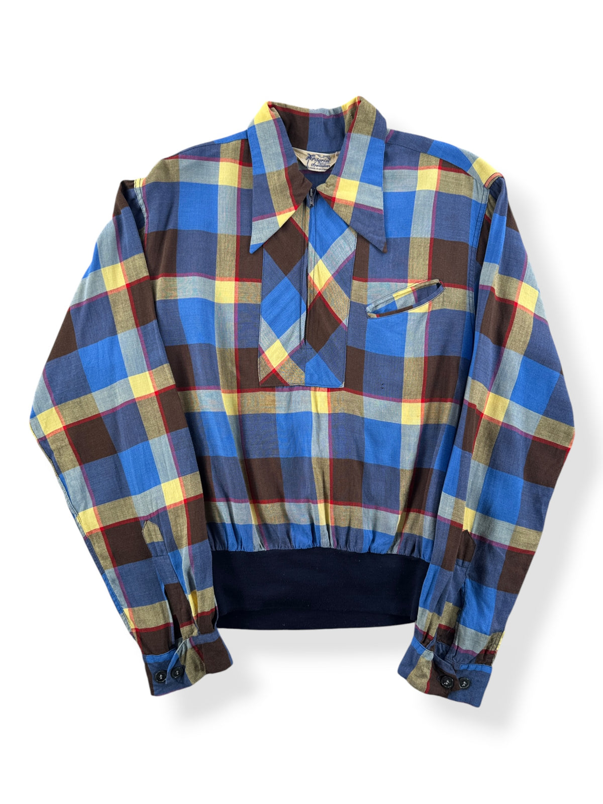 Front of Vintage 50s Pilgrim Plaid Rayon Gaucho Shirt SZ M