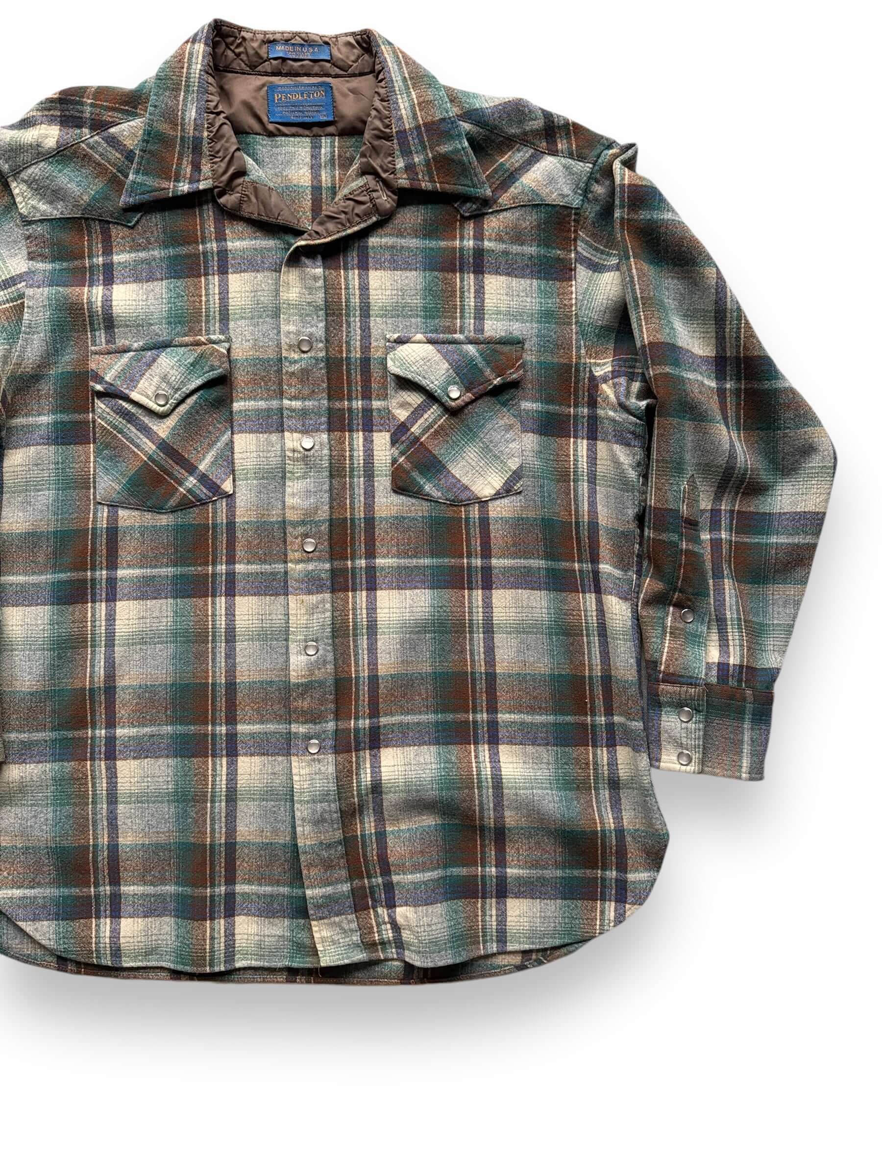 front left of Vintage Pendleton Green/Brown Plaid Pearlsnap Flannel SZ XL