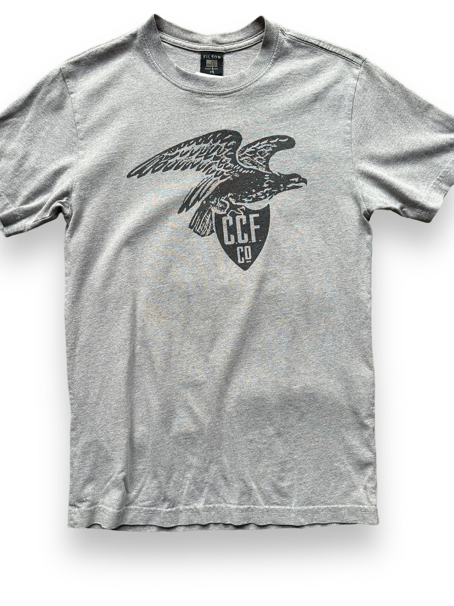 Front Detail on Grey Filson Eagle Graphic Tee SZ XS |  Barn Owl Vintage Goods | Vintage Filson Workwear Seattle
