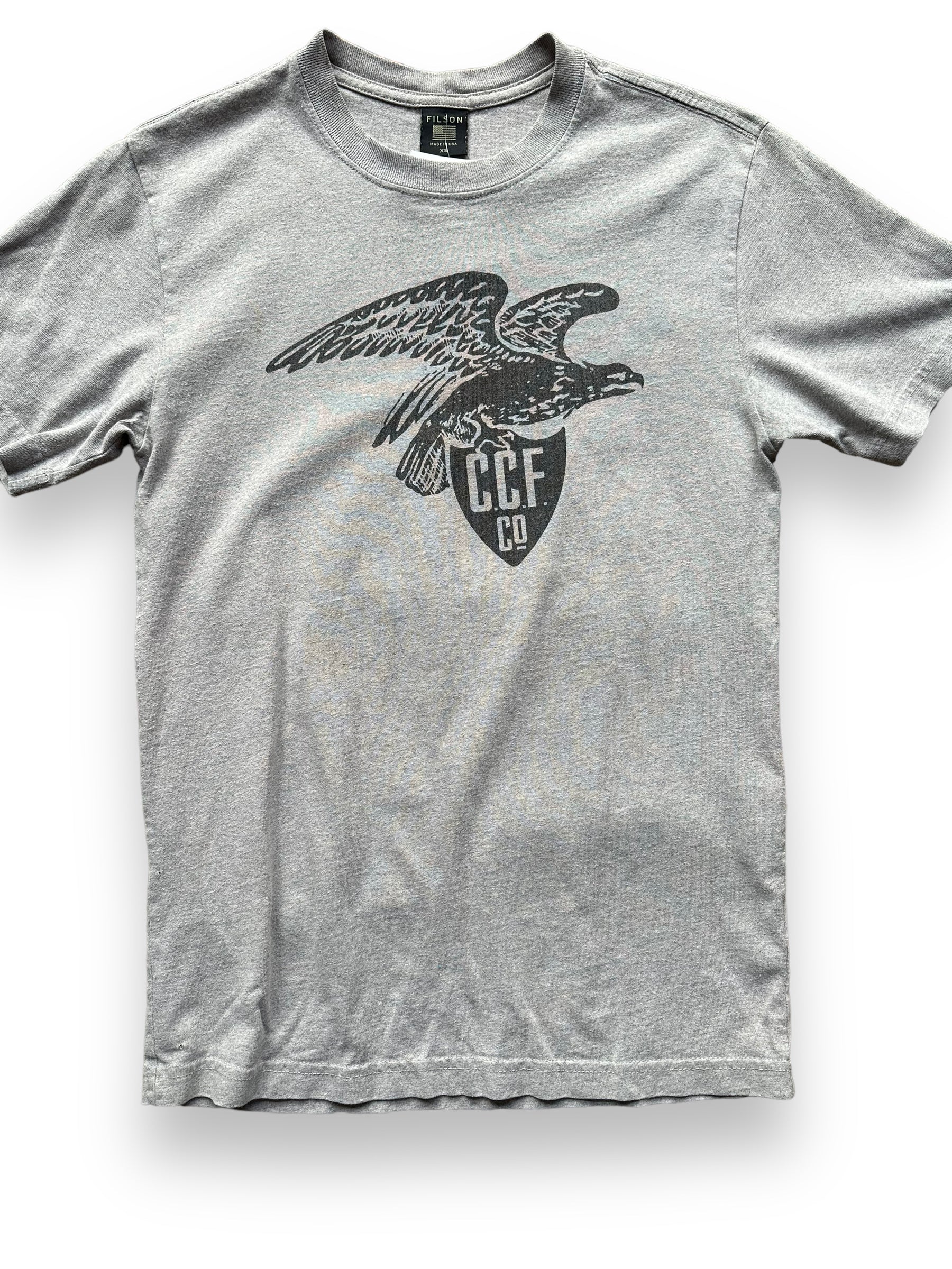 Front Detail on Grey Filson Eagle Graphic Tee SZ XS |  Barn Owl Vintage Goods | Vintage Filson Workwear Seattle