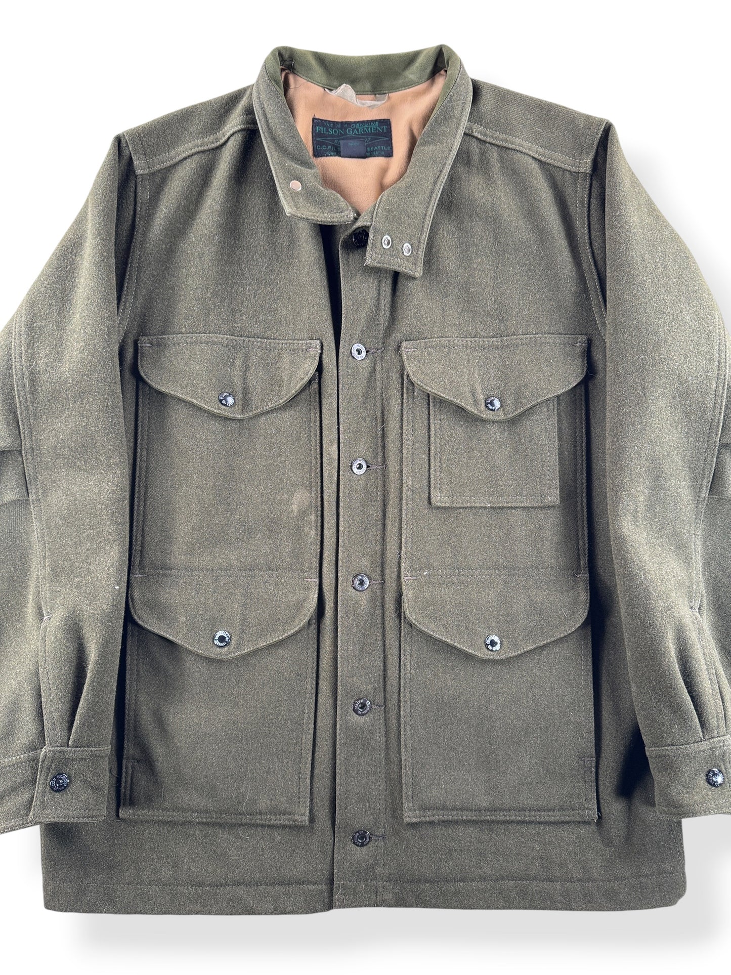 Front Close Up of Filson Green Label Style 20202 Chinstrap Mackinaw SZ L