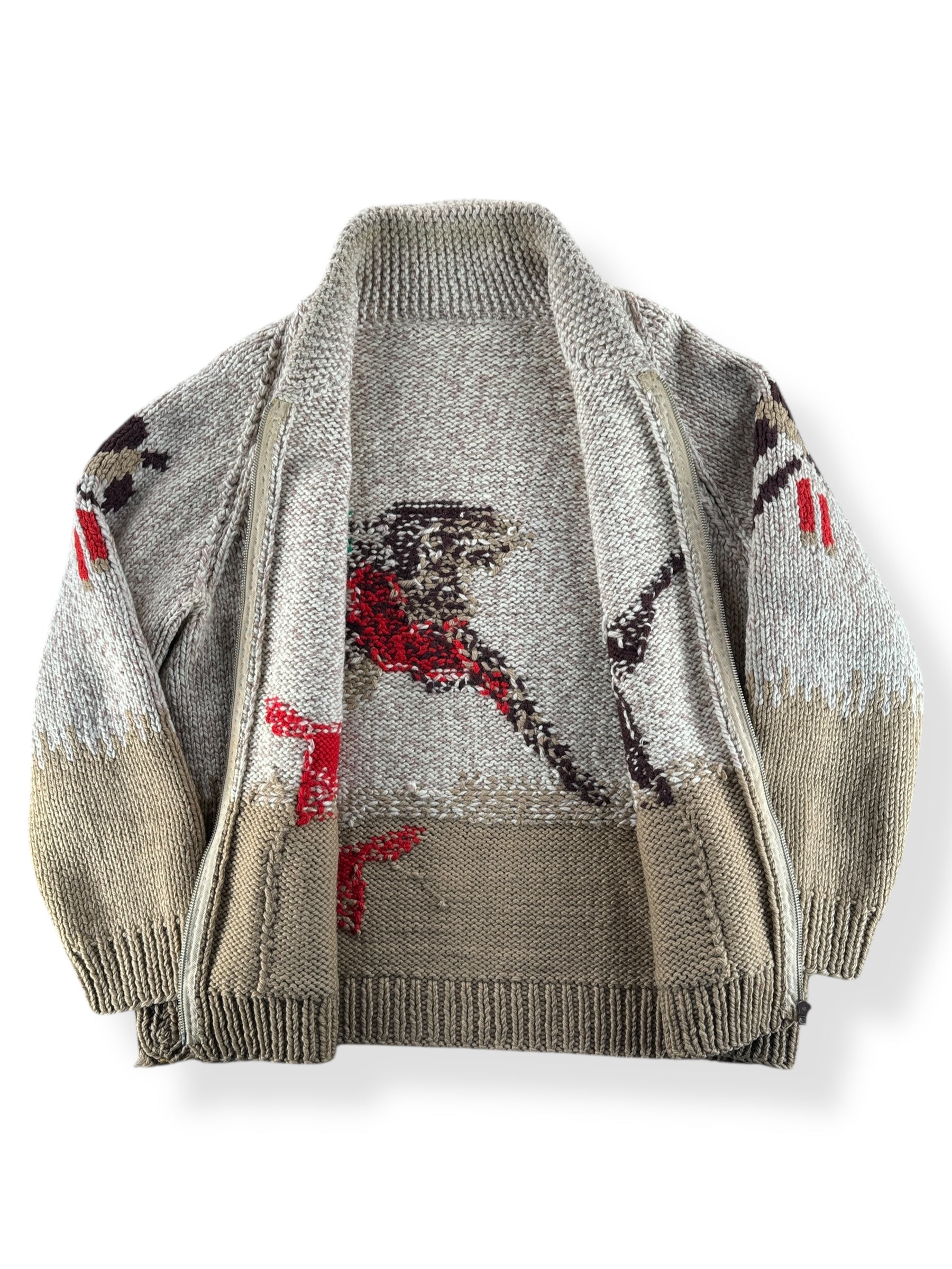 Inside of Vintage Pheasant Hunting Themed Cowichan Style Sweater SZ XL