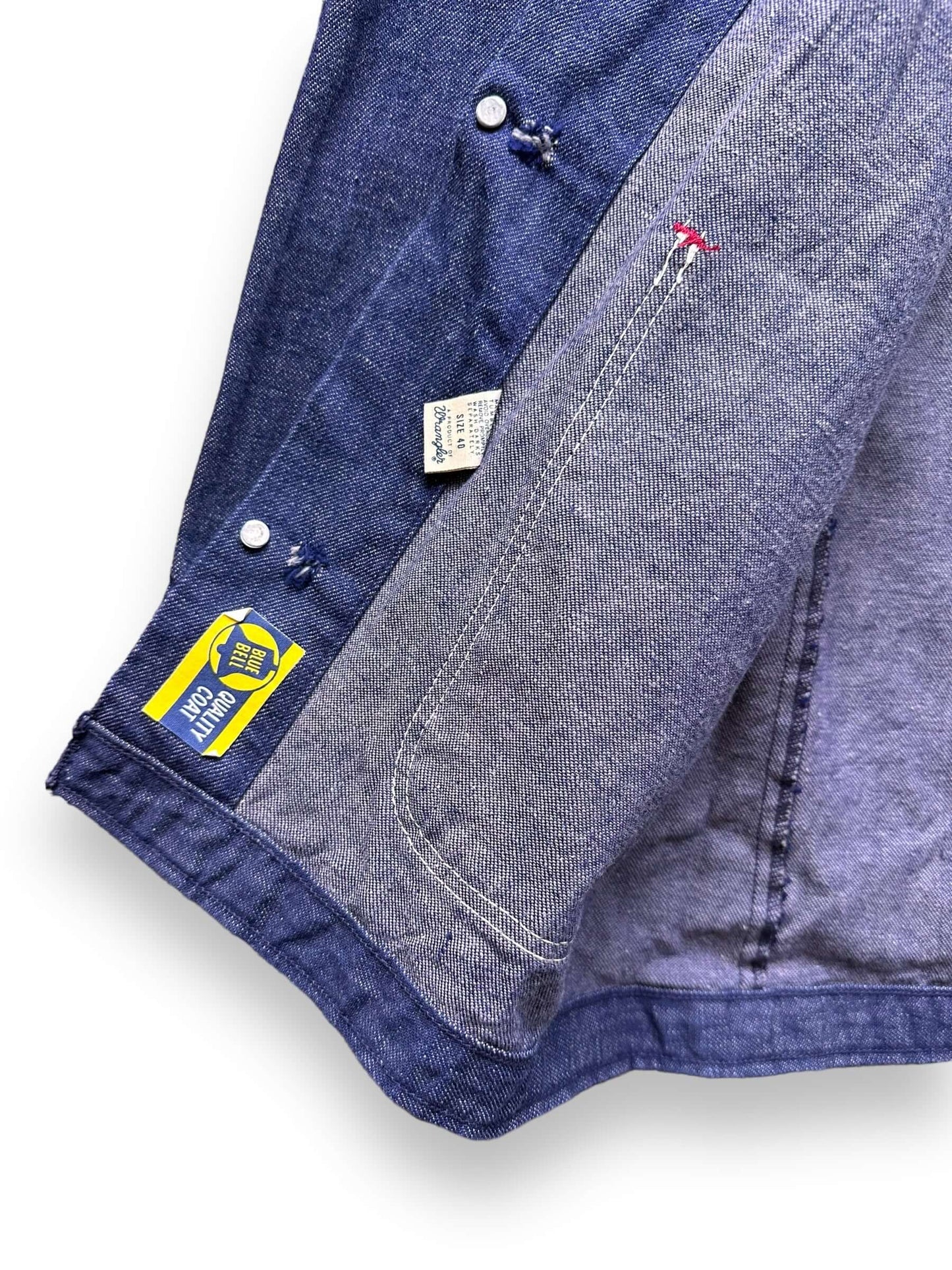 sticker and size tag on Vintage Wrangler Blue Bell Denim Chore Coat SZ 40 | Vintage Denim Chore Coat