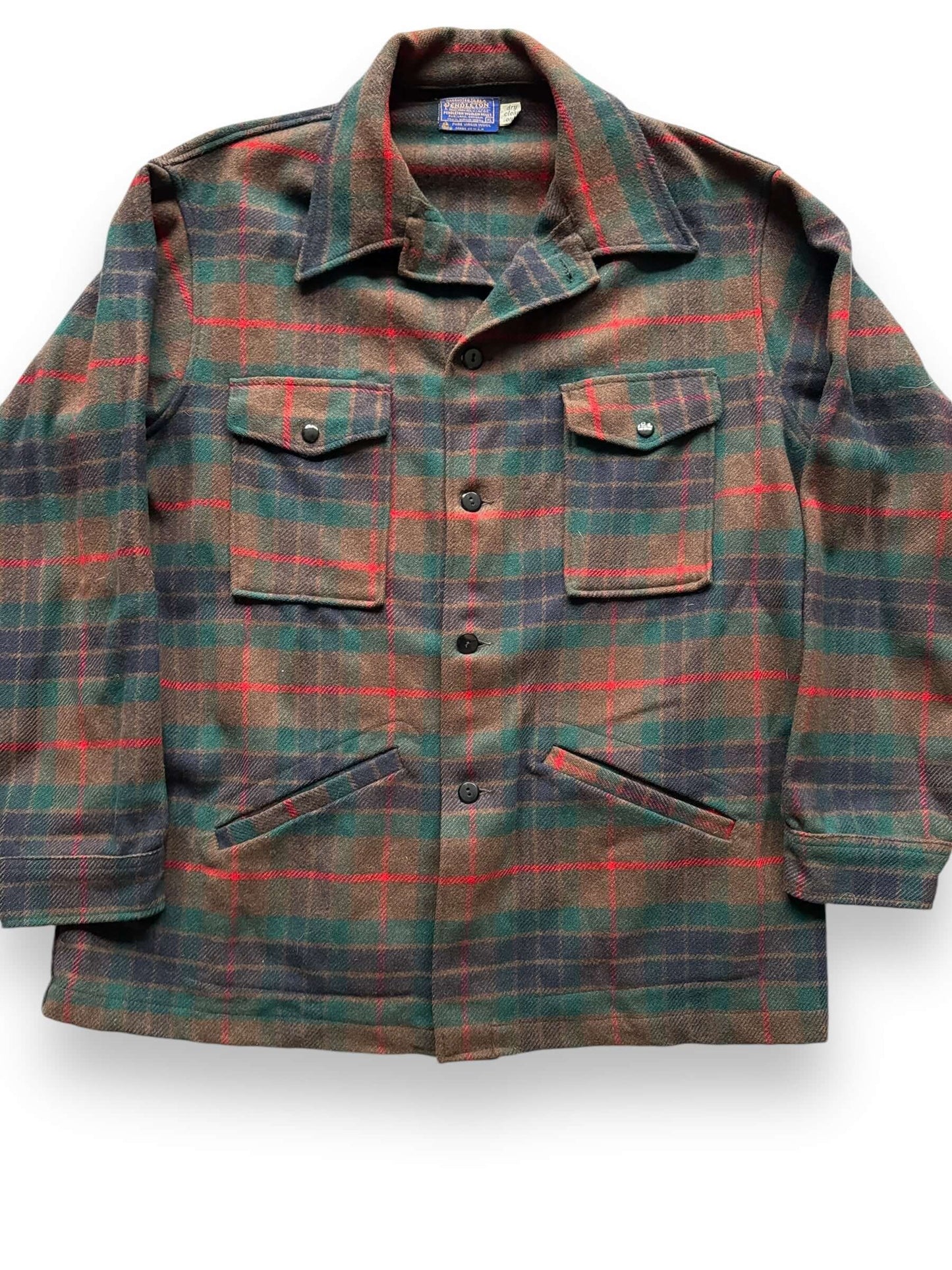 front close up of Vintage Pendleton Wool Red/Brown/Green Plaid Jacket SZ XL