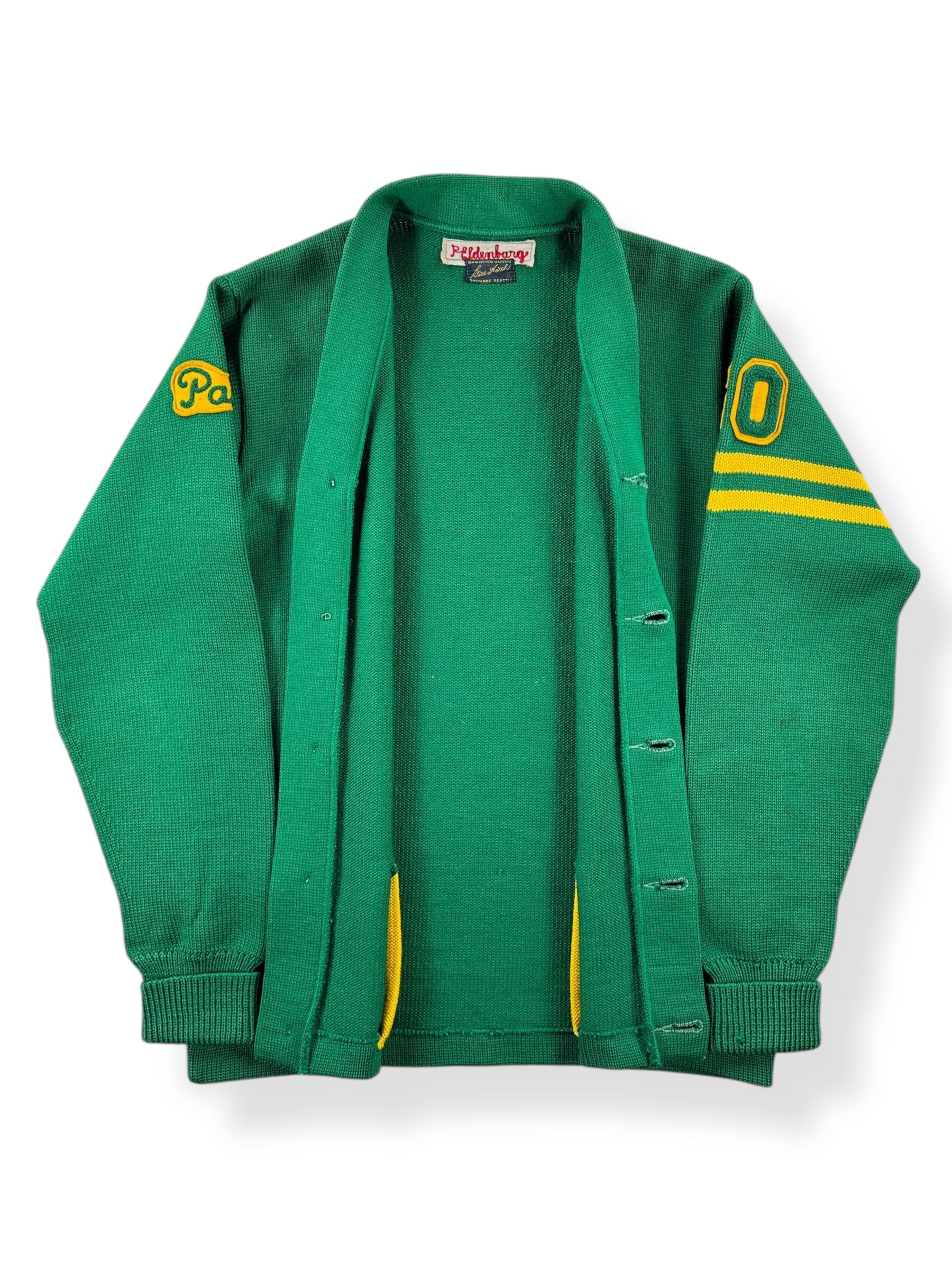 Inside of Vintage 1960 Green & Yellow Varsity Cardigan SZ S