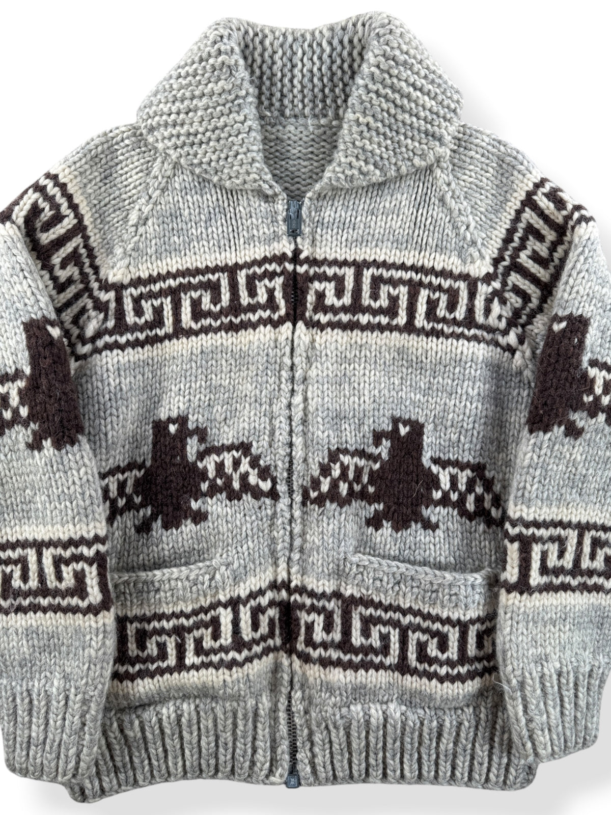 Close-up of Vintage Tauk Thunderbird Cowichan Style Sweater SZ S
