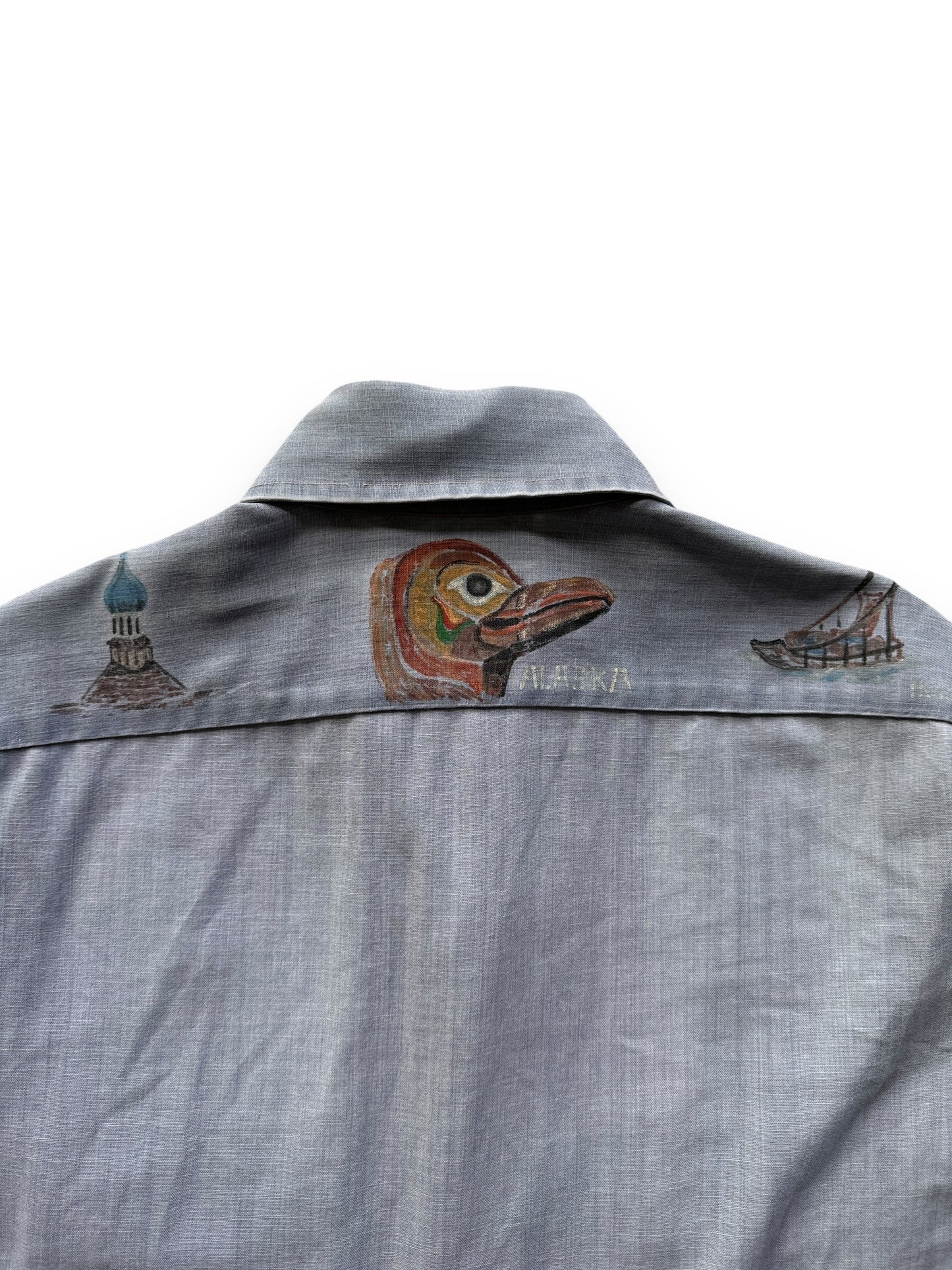 designs on back of Vintage Handpainted Alaskan Chambray Shirt SZ L