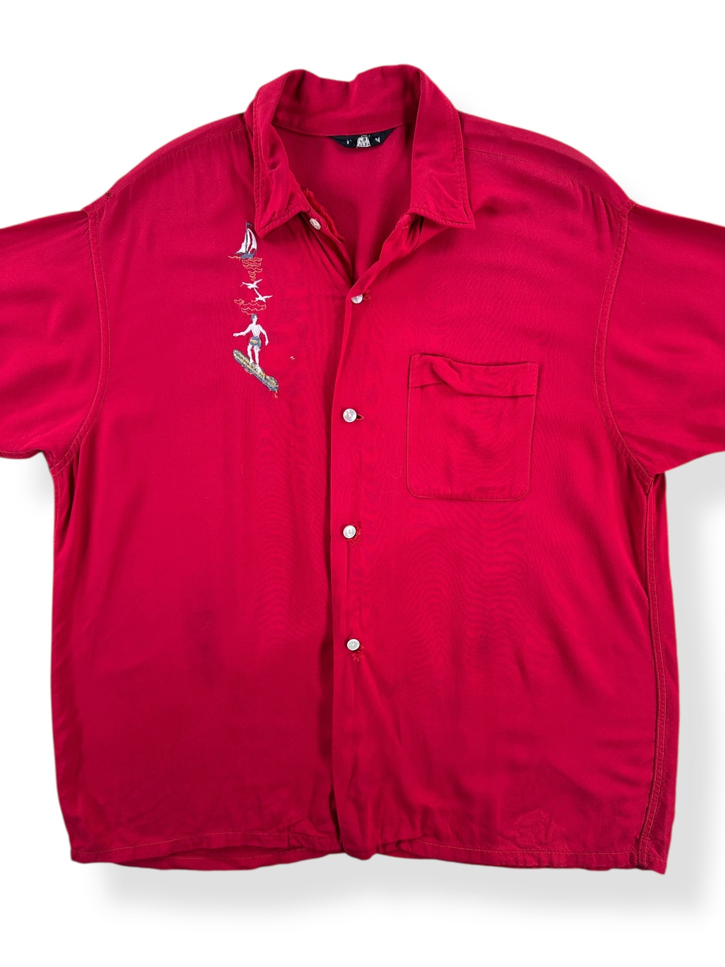 Front Close Up of Vintage Clubman Gabardine Surfer Short Sleeve Shirt SZ L