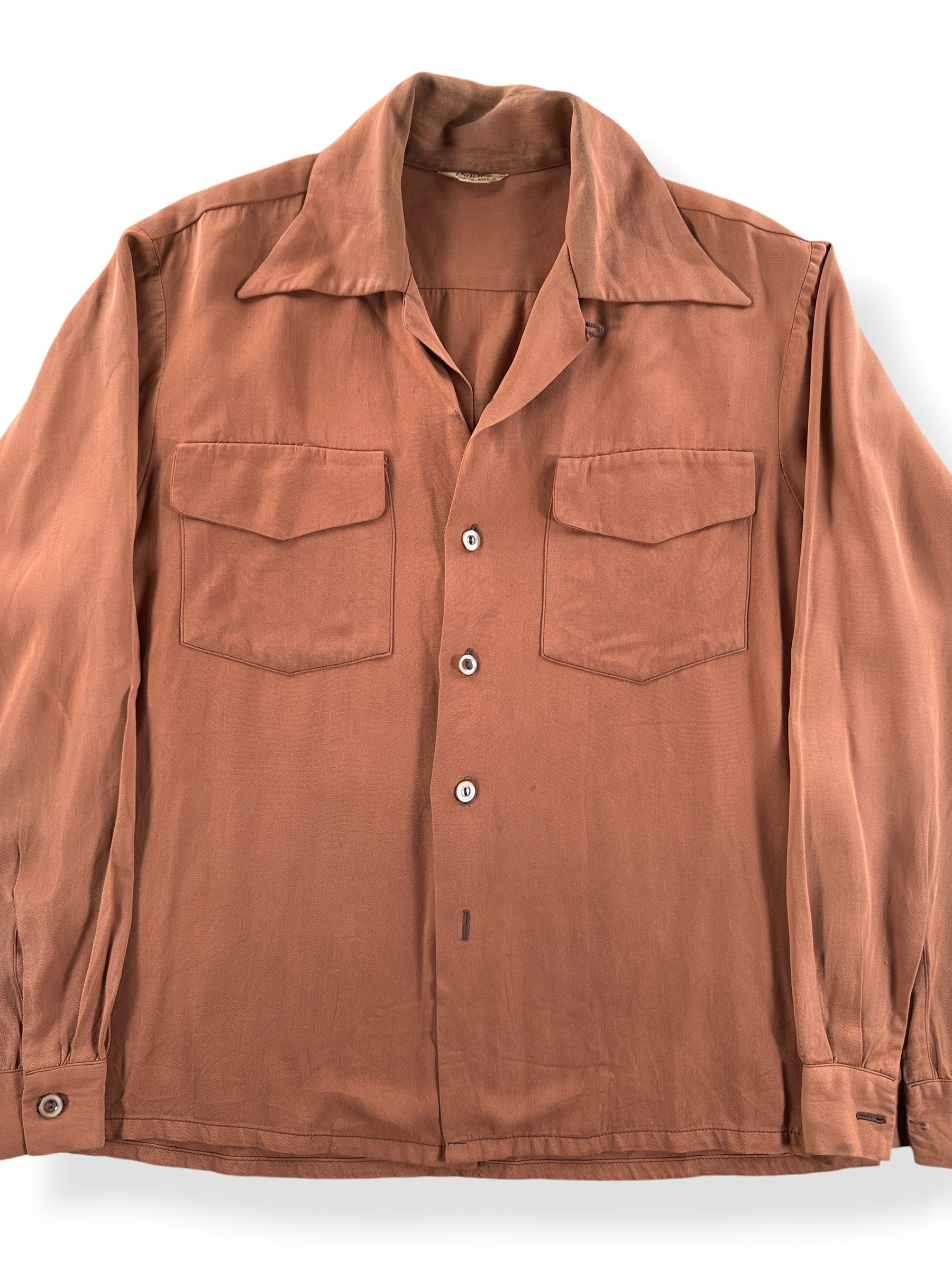 Front Close Up of Vintage Doreme of Seattle Rayon Loop Collar Shirt SZ M
