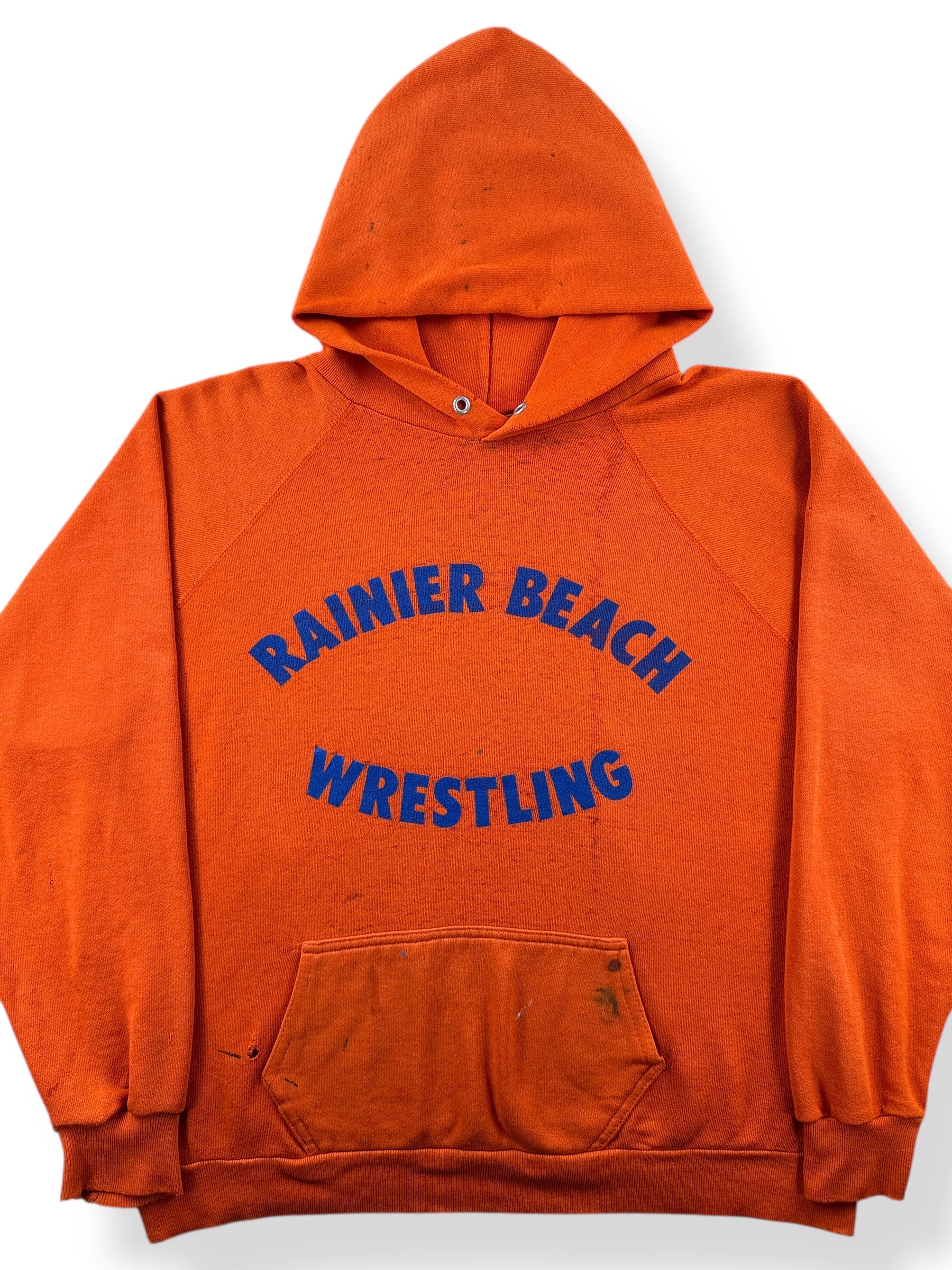 Front Close Up of Vintage Rainier Beach Wrestling Thrashed Hoodie SZ XL