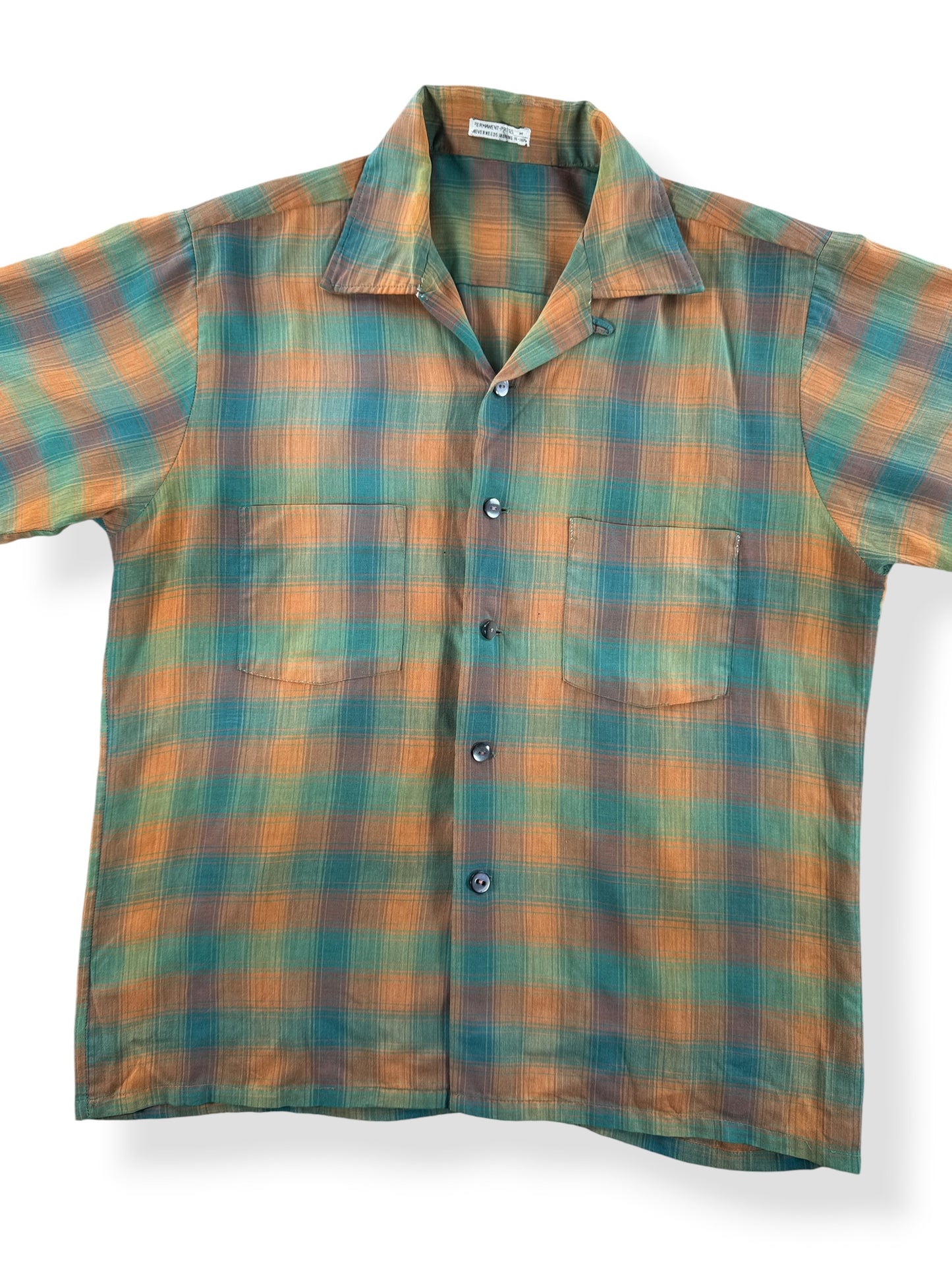 Front Close Up of Vintage Orange Green Short Sleeve Loop Collar Shirt SZ M