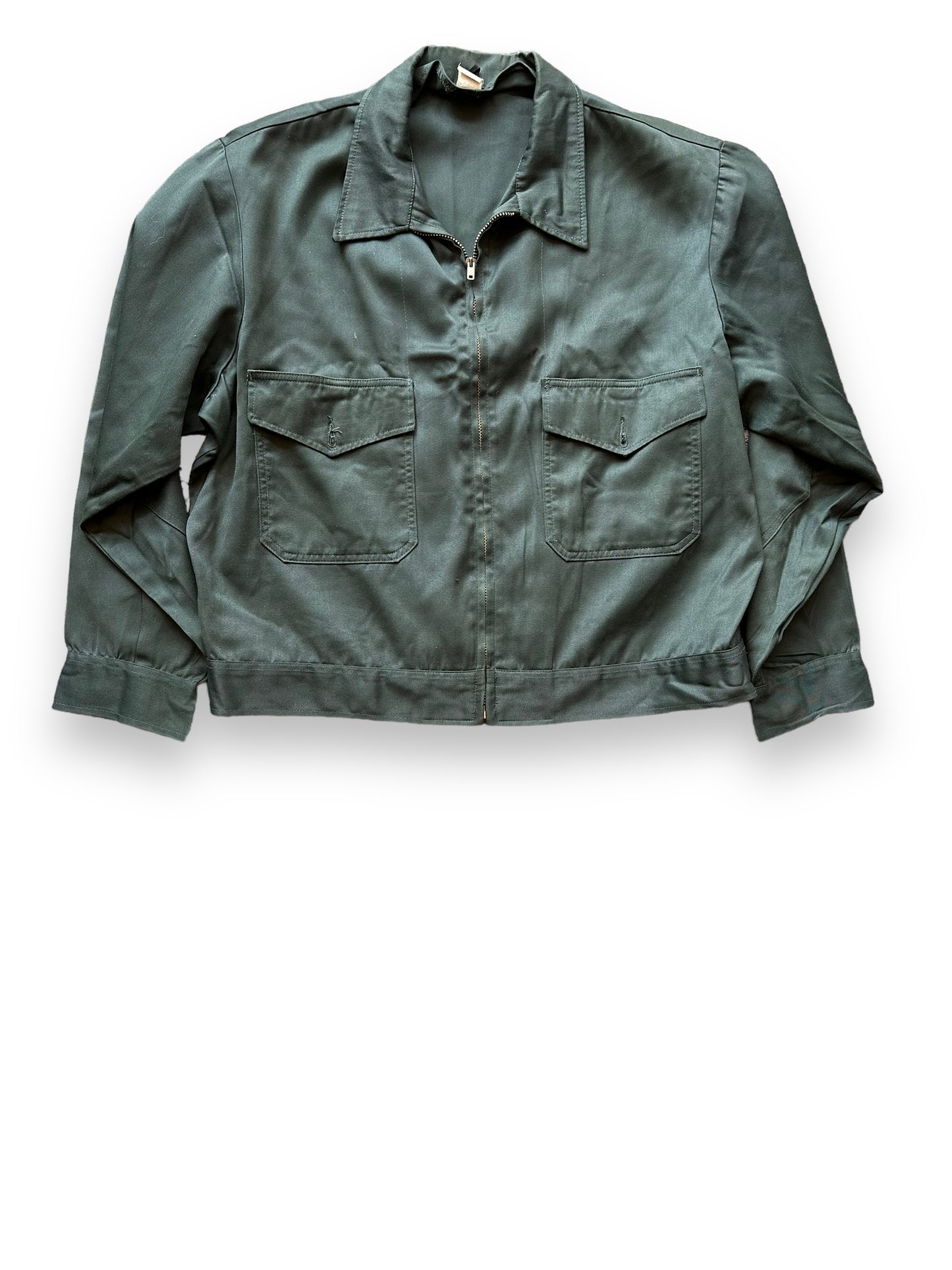 Front View of Vintage Mr 2-Ply Slate Green Gas Station Jacket SZ 48 | Vintage Workwear Jacket Seattle | Seattle Vintage Clothing