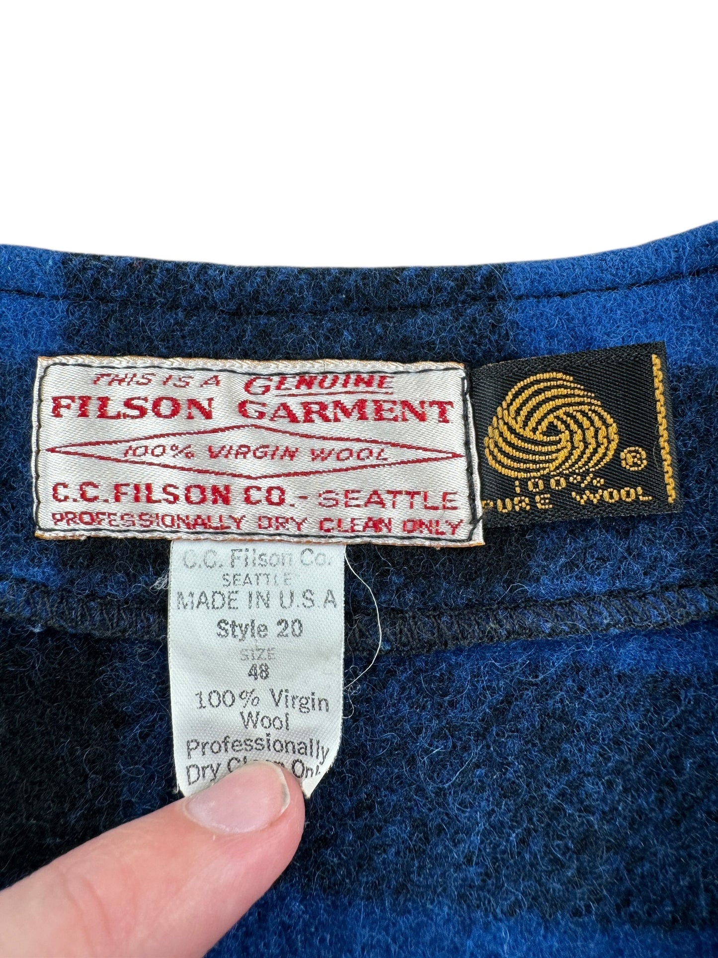Label on Vintage Filson Cobalt Blue and Black Mackinaw Wool Vest SZ 48