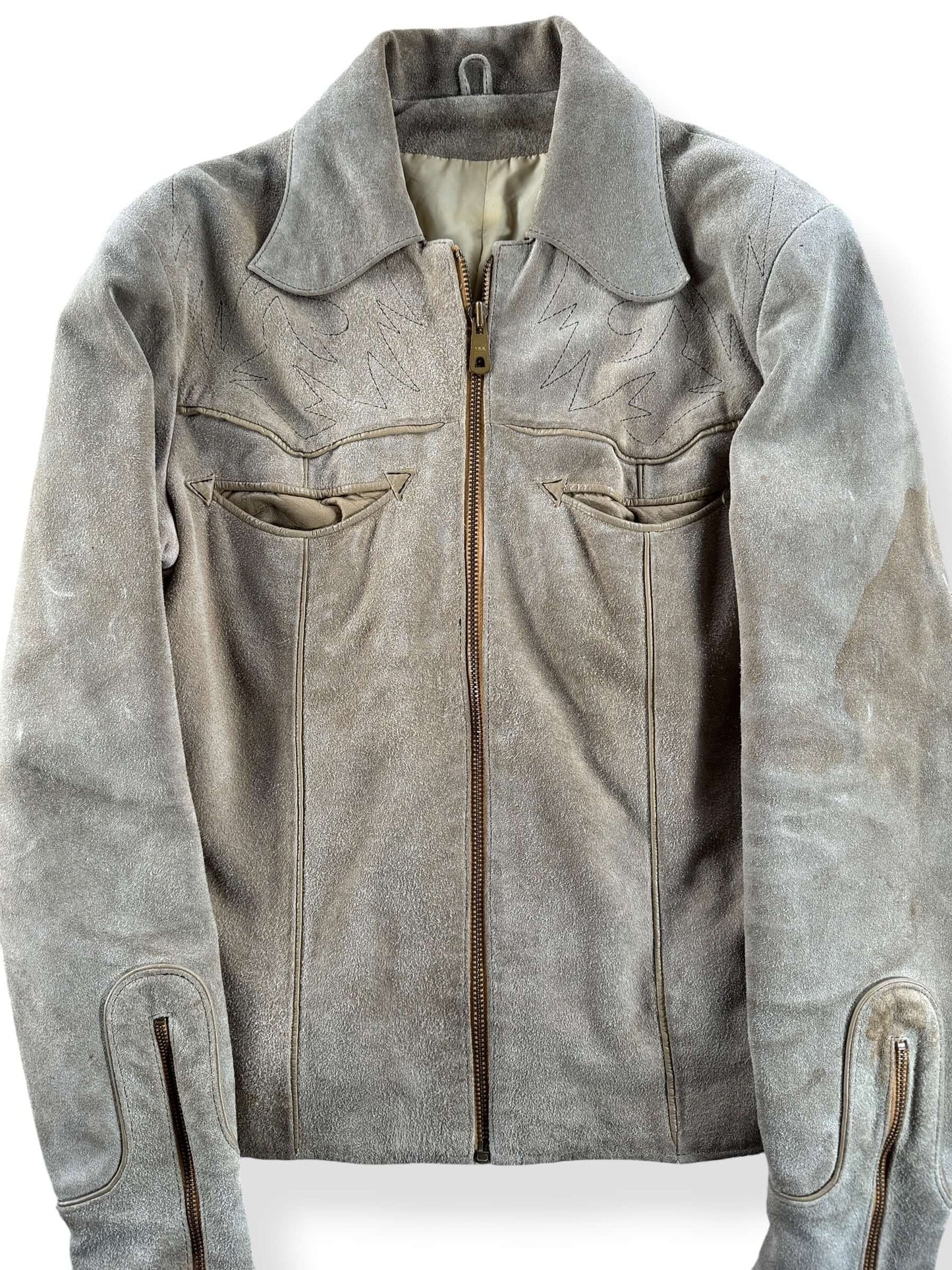 Front Close Up of Vintage Suede Western Smile Pocket Jacket SZ M