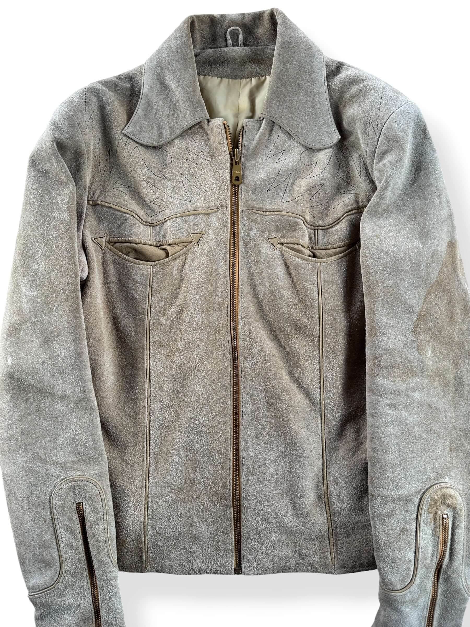 Front Close Up of Vintage Suede Western Smile Pocket Jacket SZ M