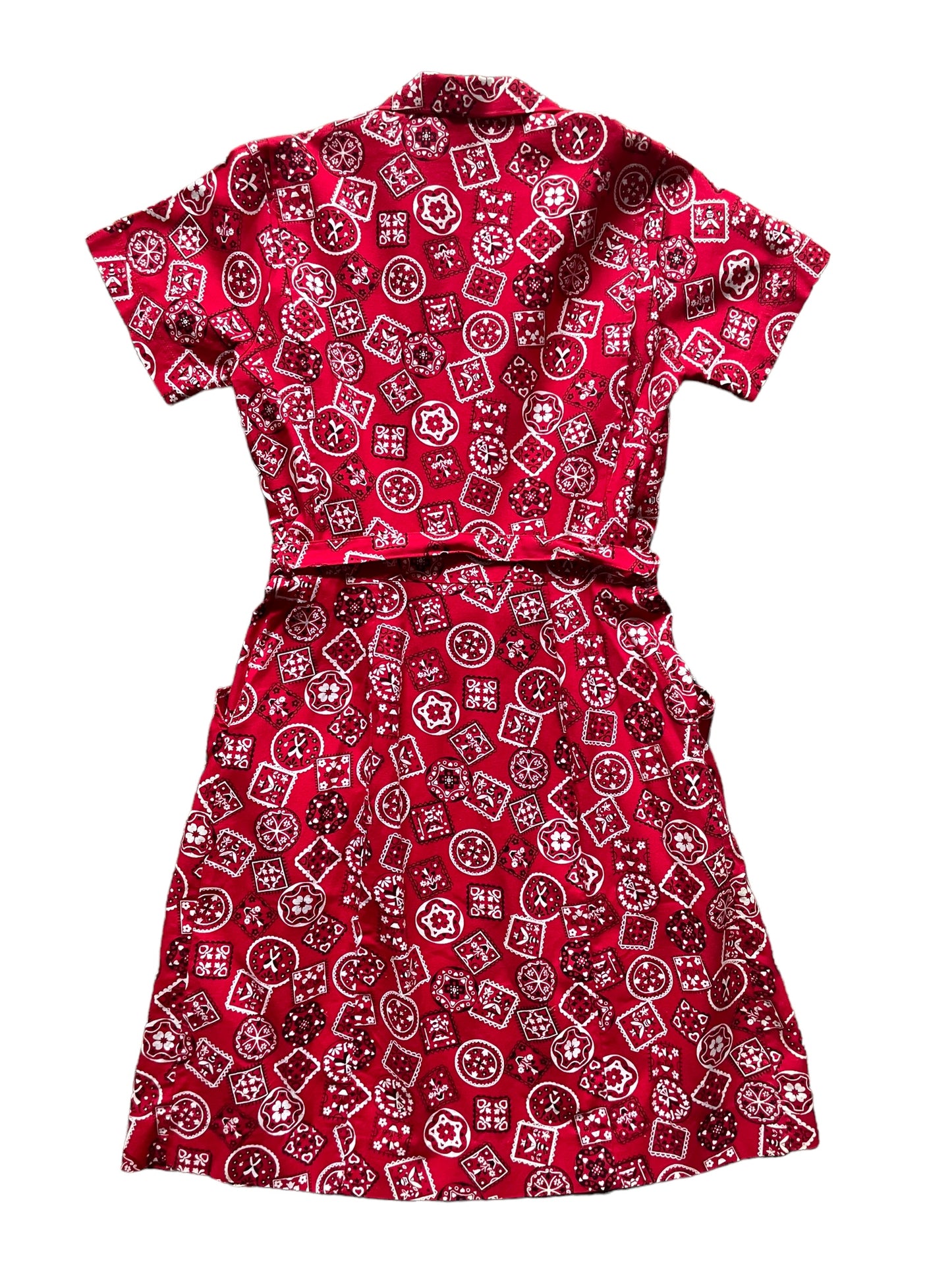Full back flat lay view of Vintage Tregos Red Bandana Dress SZ S |  Barn Owl Vintage Dresses| Seattle Vintage Dresses