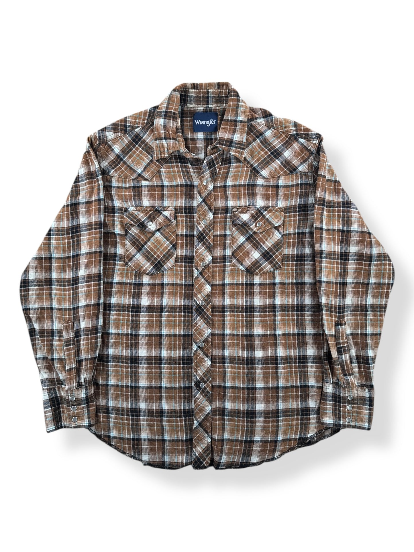 Front of Vintage Plaid Wrangler Pearlsnap Cotton Flannel SZ L