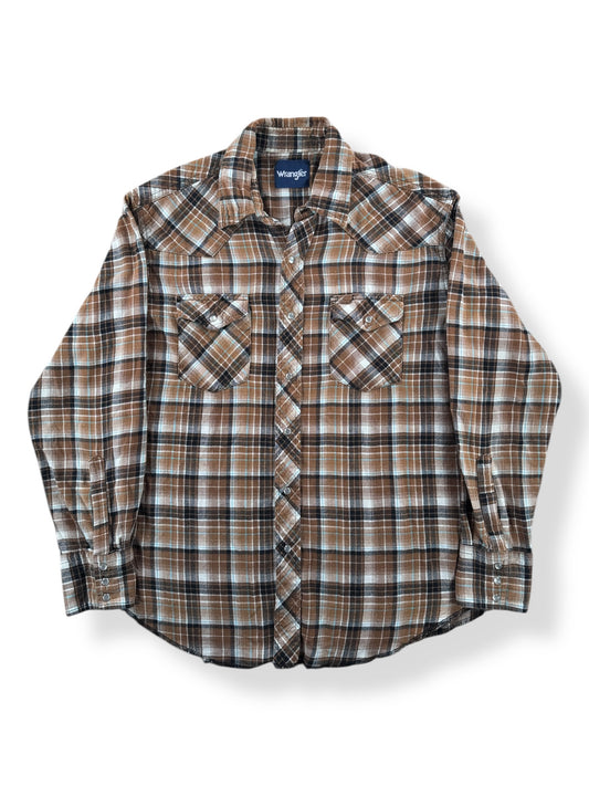 Front of Vintage Plaid Wrangler Pearlsnap Cotton Flannel SZ L