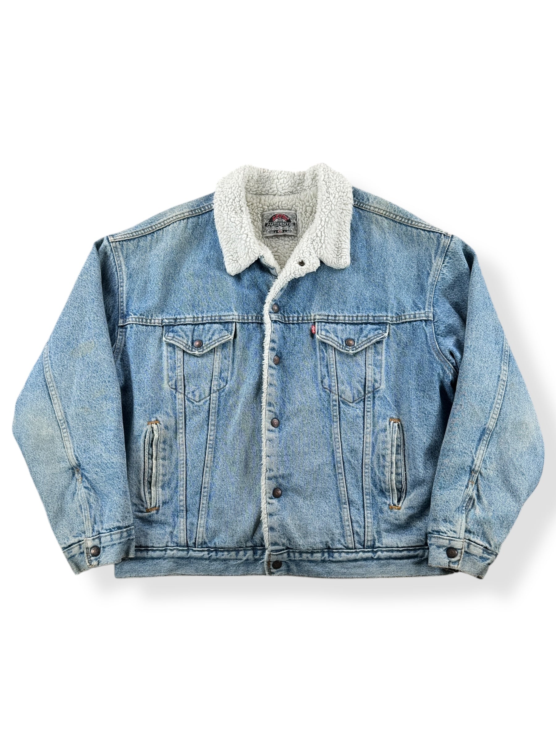 Front of Vintage USA Made Levis Sherpa Denim Jacket SZ XL