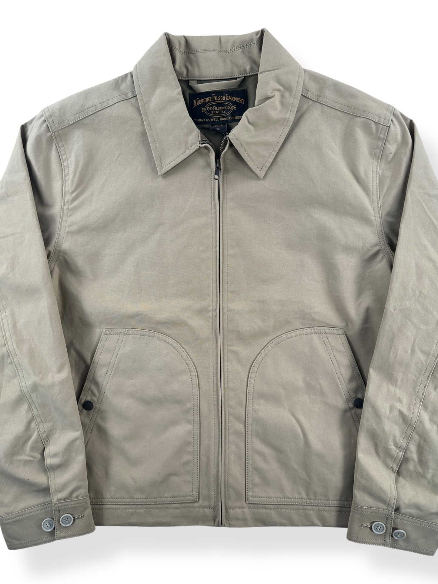 Front Close Up of NWT Tan Filson Ranger Crewman Jacket SZ M