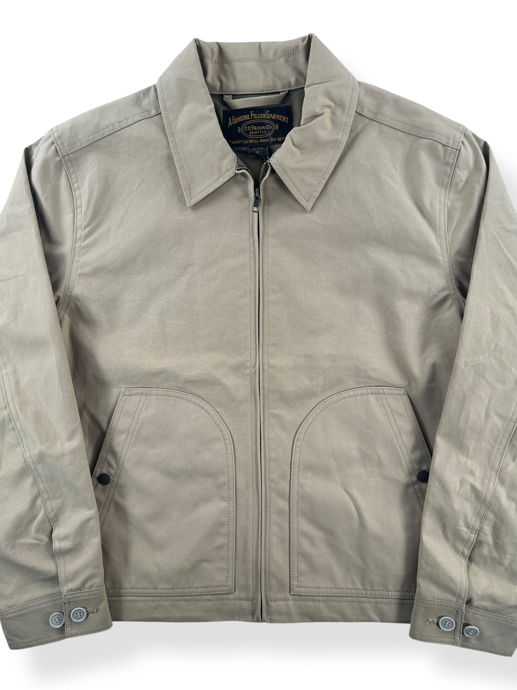 Front Close Up of NWT Tan Filson Ranger Crewman Jacket SZ M
