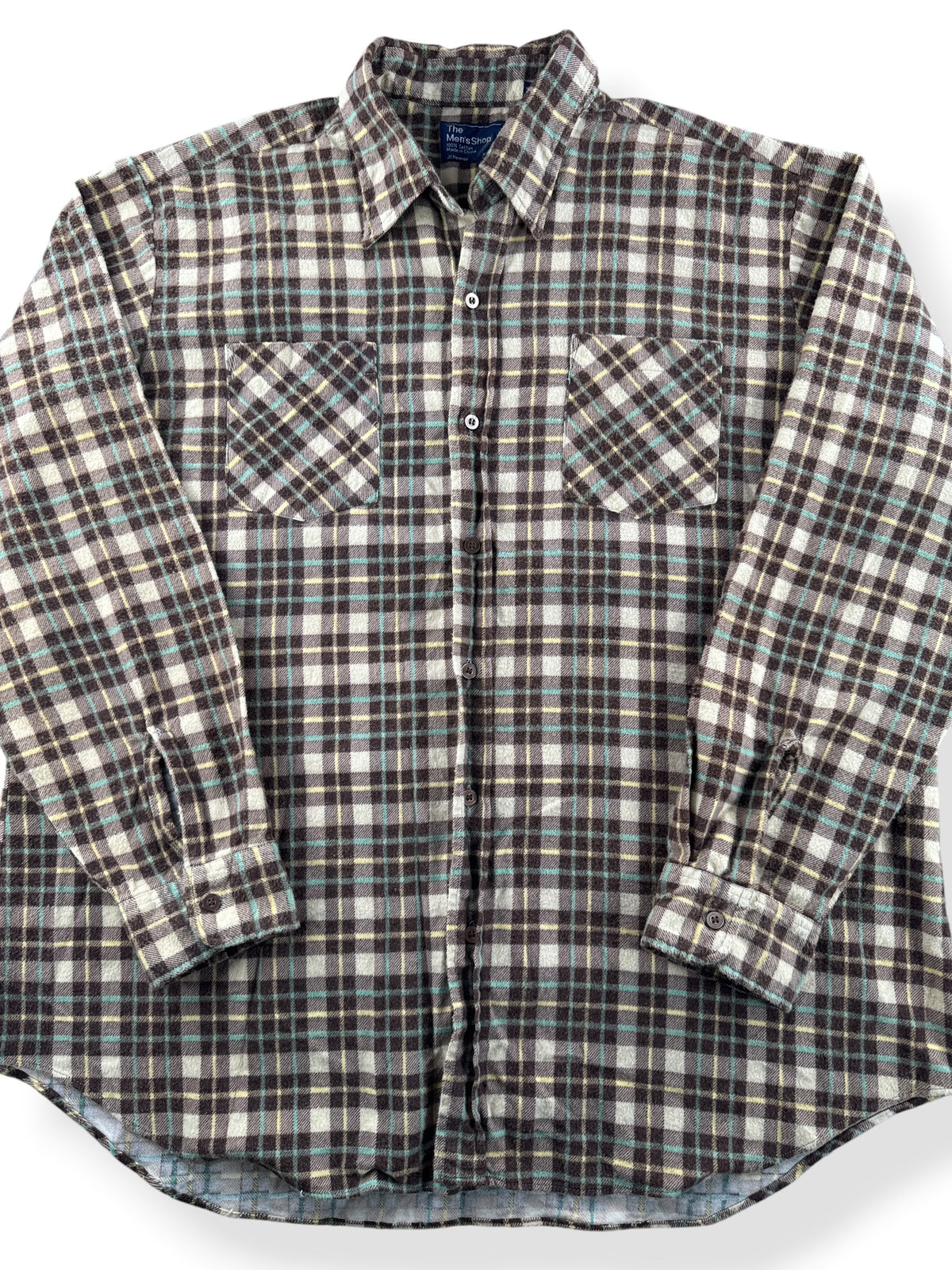 Close-up of Vintage JC Penney's Mint Chocolate Printed Cotton Flannel SZ XL