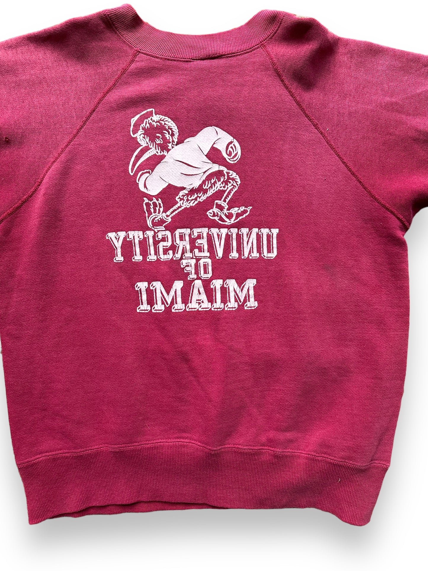 Rear Detail on Vintage Two-Sided University of Miami Short Sleeve Crewneck Sweatshirt SZ M | Seattle Vintage Crewneck Sweatshirts | Barn Owl Vintage Seattle