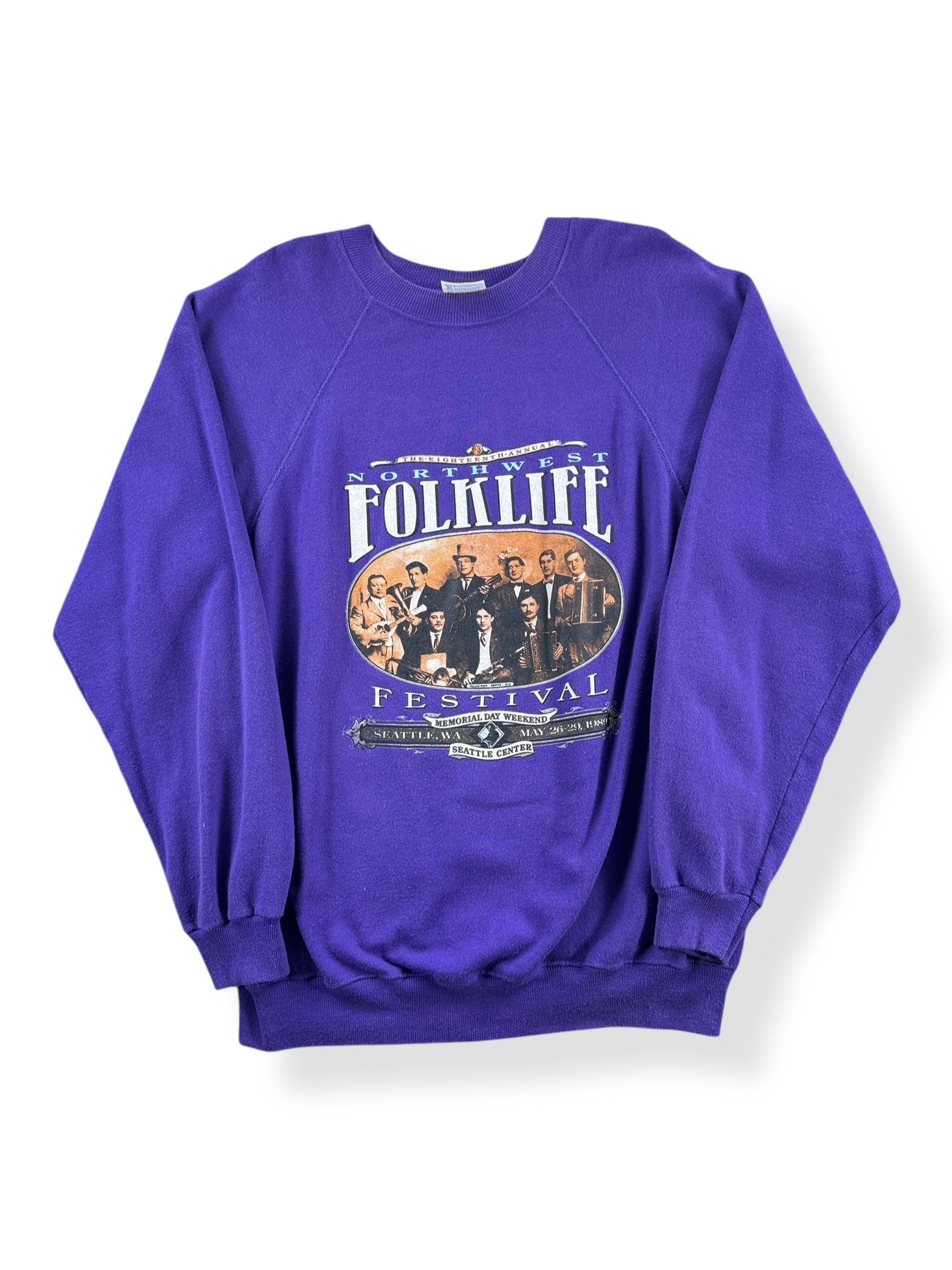 Front of Vintage 1989 Folklife Purple Crewneck SZ M