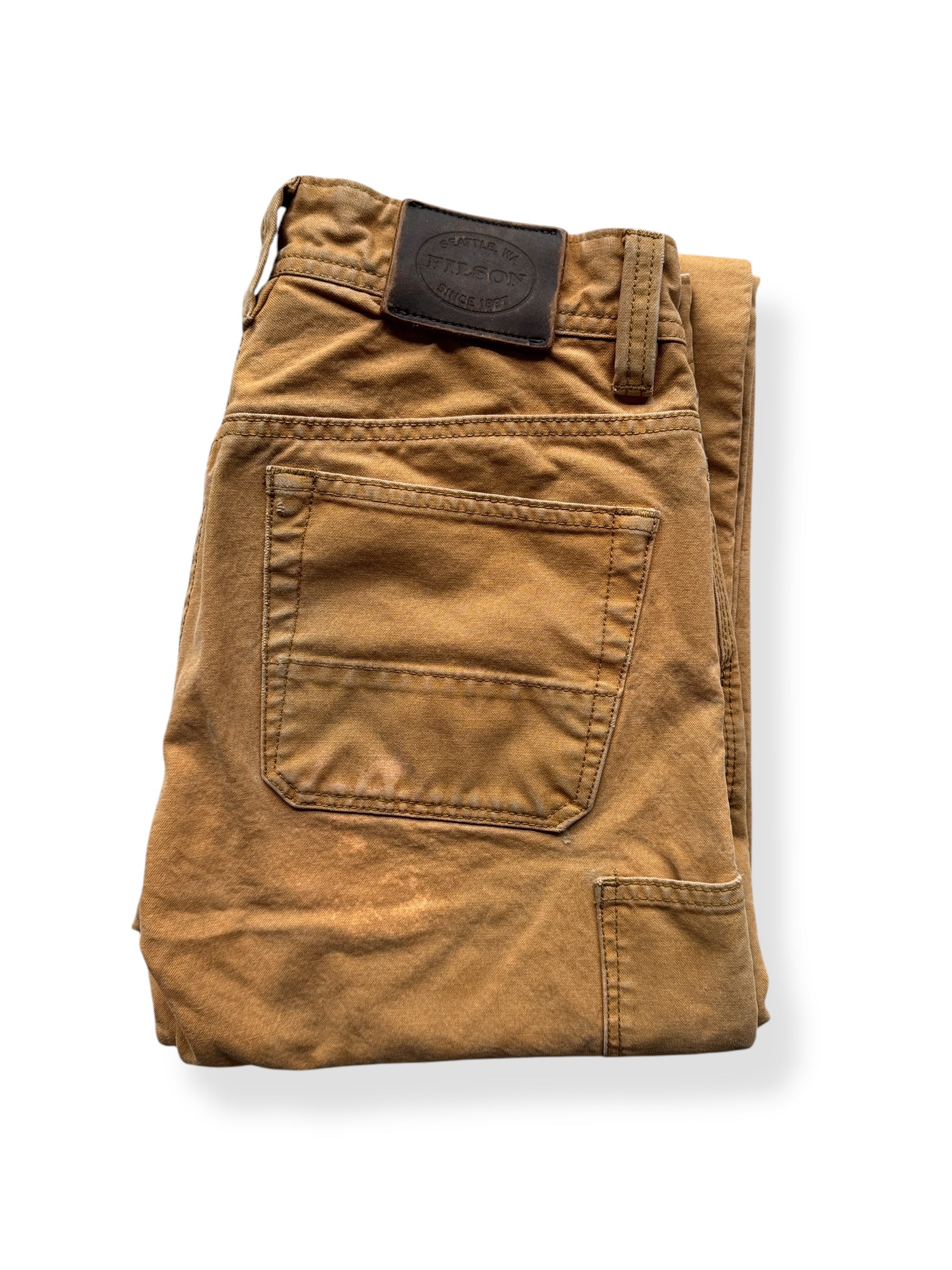 Folded Up Vintage Filson Tan Bleach Stained Double Knee Trousers W28