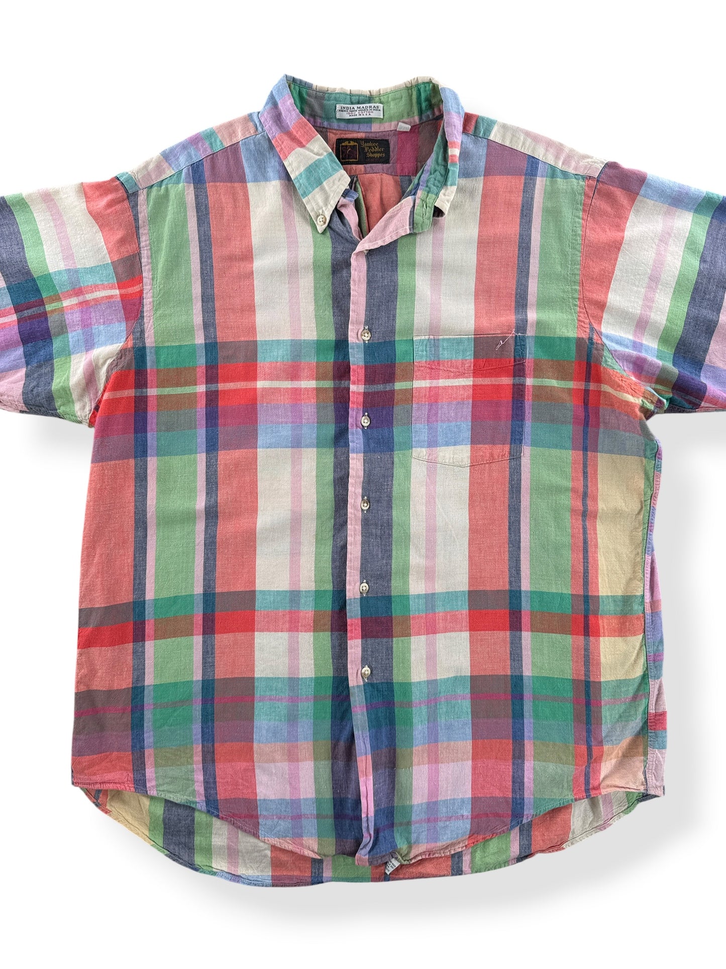 Front Close Up of Vintage Yankee Peddler India Madras Short Sleeve Shirt SZ XL