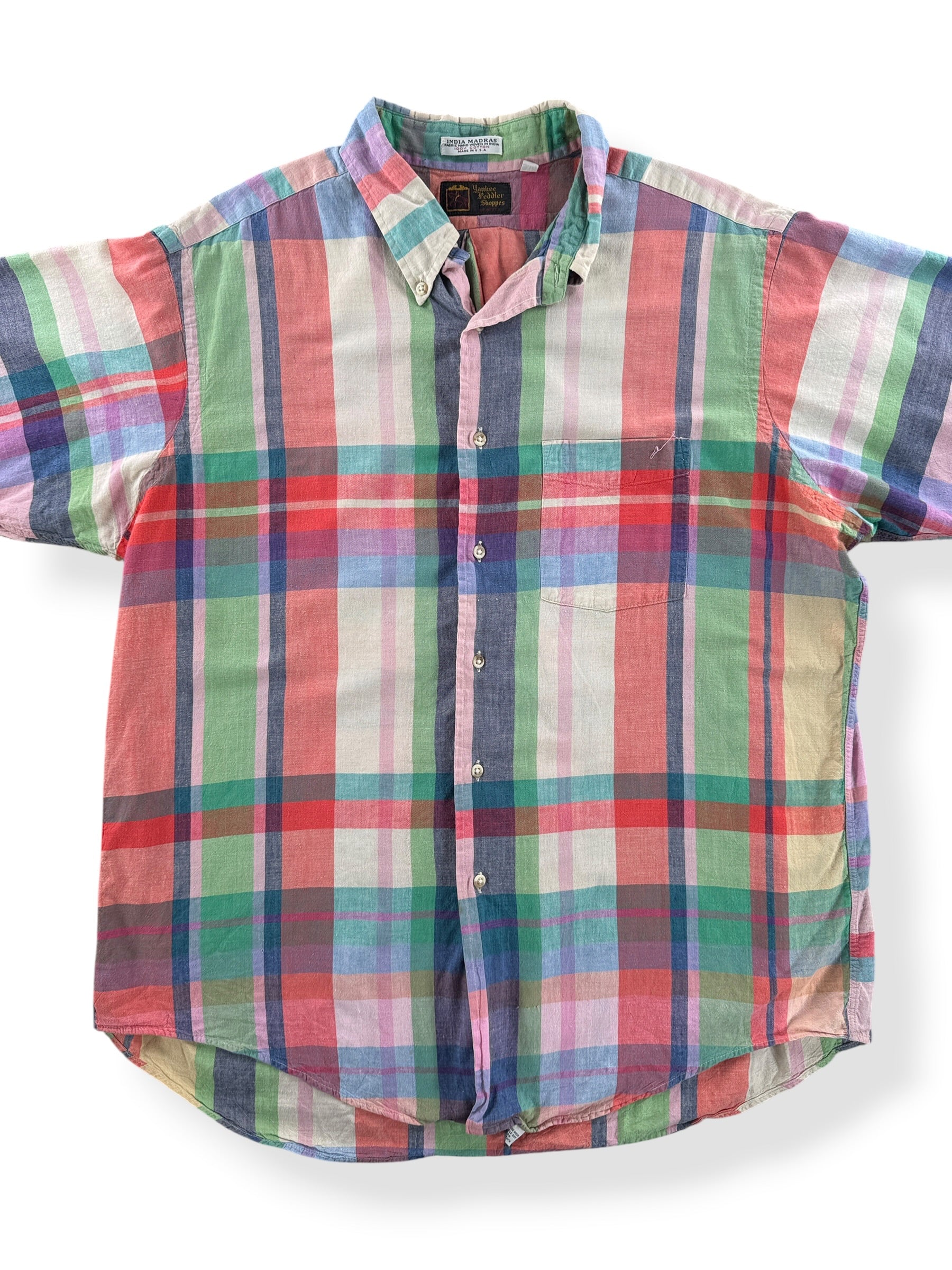 Front Close Up of Vintage Yankee Peddler India Madras Short Sleeve Shirt SZ XL