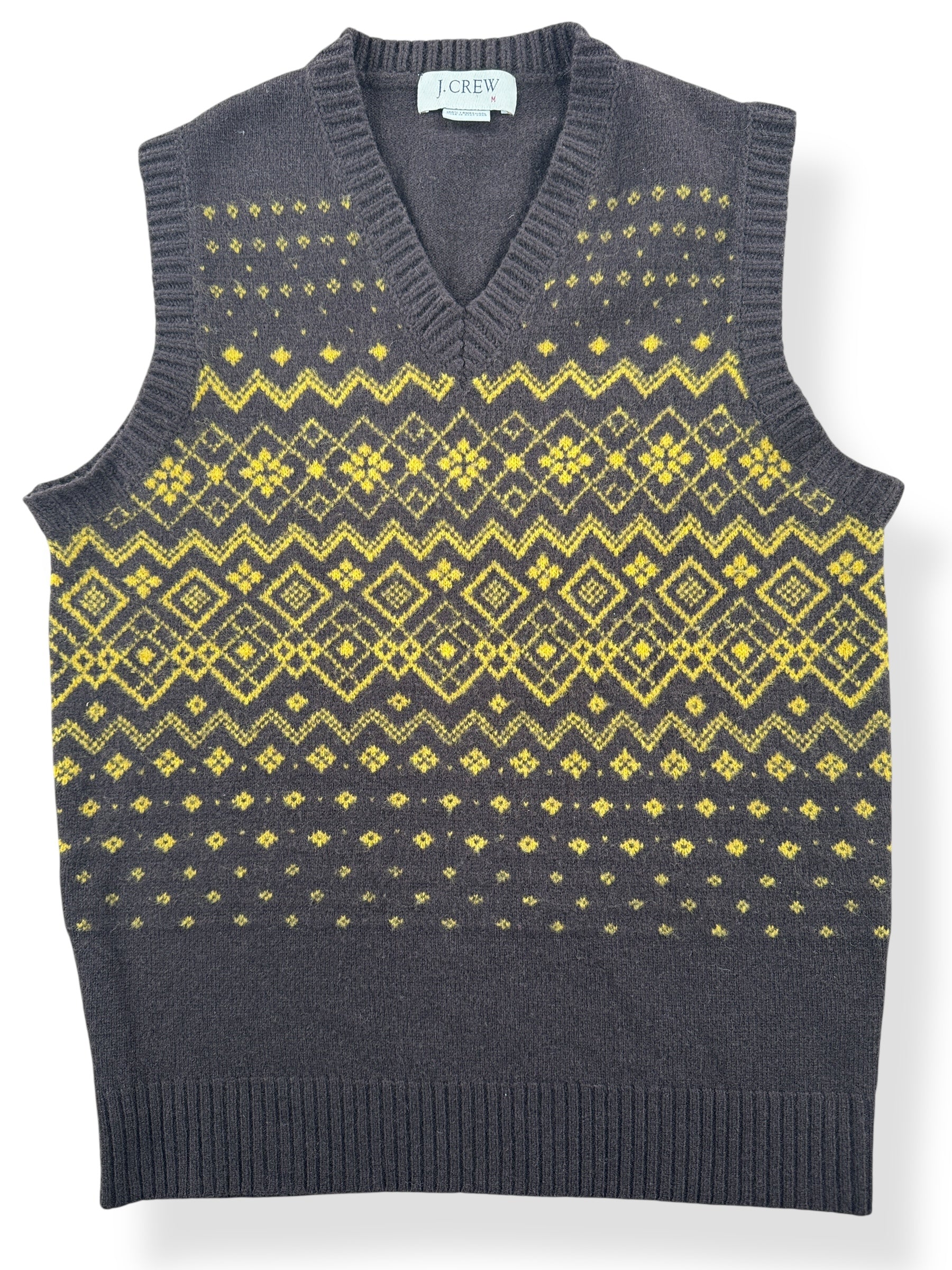 Front Close Up of Vintage J Crew Lambswool Brown and Yellow Vest SZ M