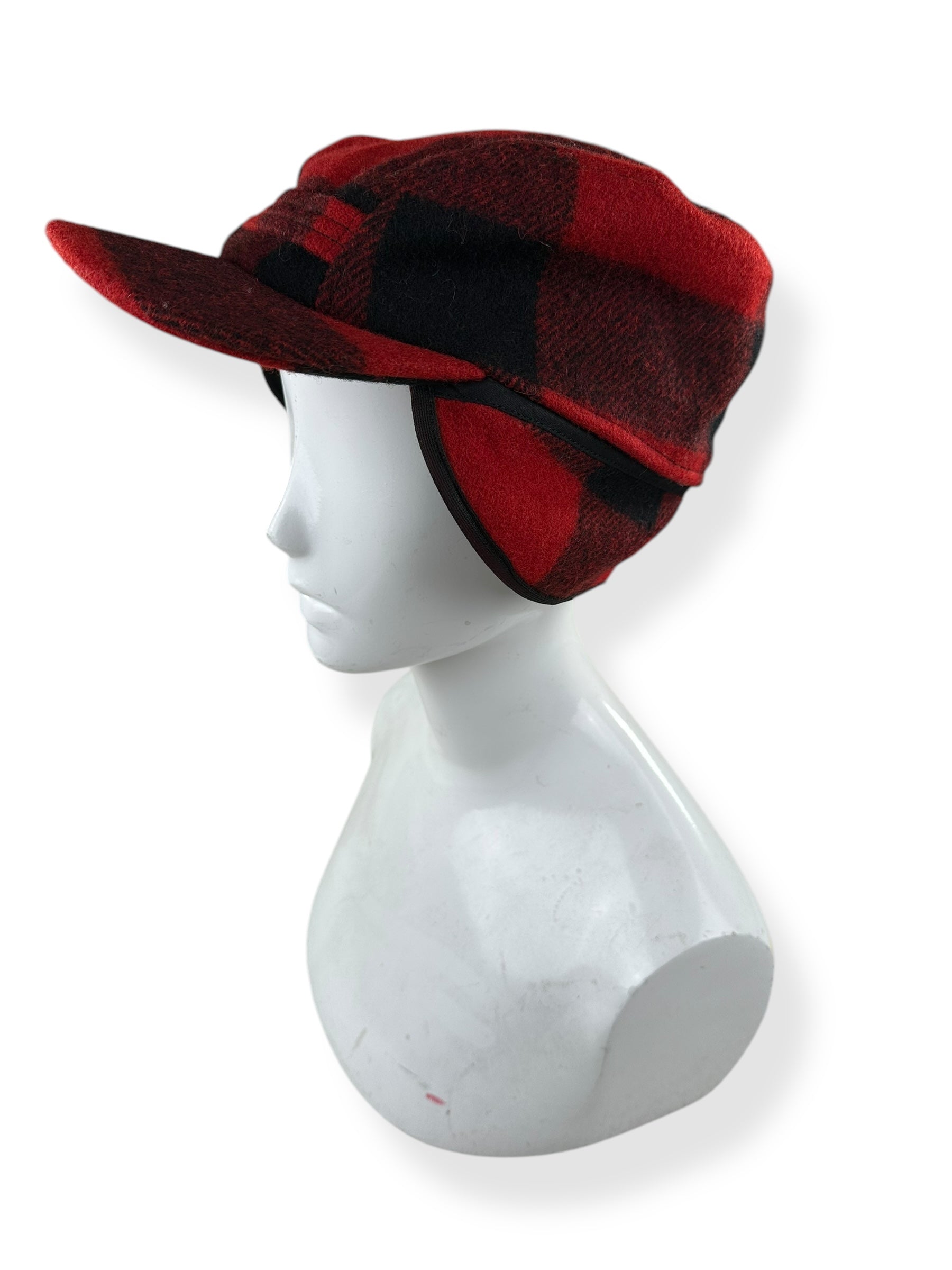 Front Left View with Ear Flaps Moved Down View of Filson Red & Black Mackinaw Wool Hat SZ L