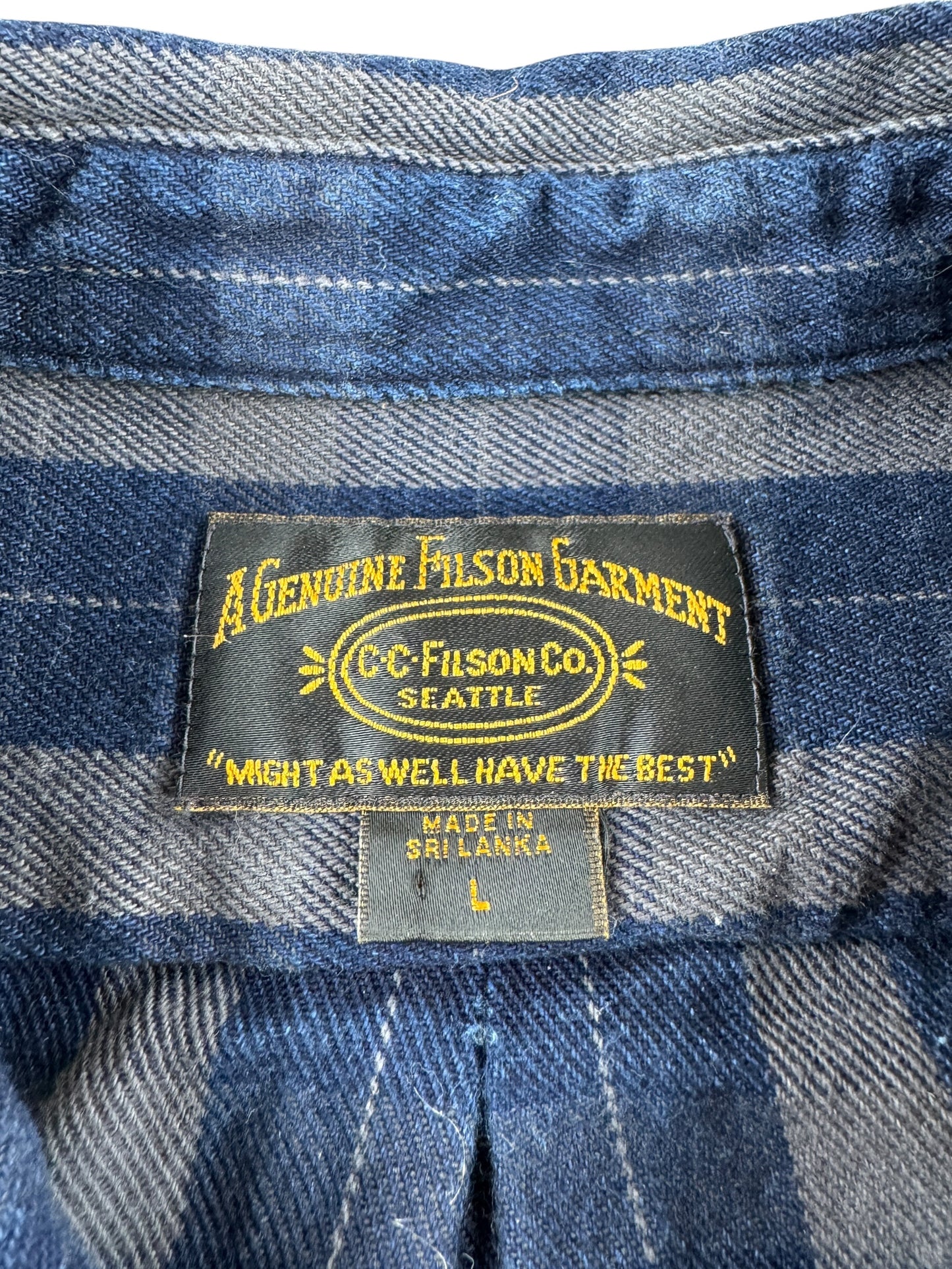 Label on C. C. Filson Blue & Gray Striped Cotton Flannel SZ L