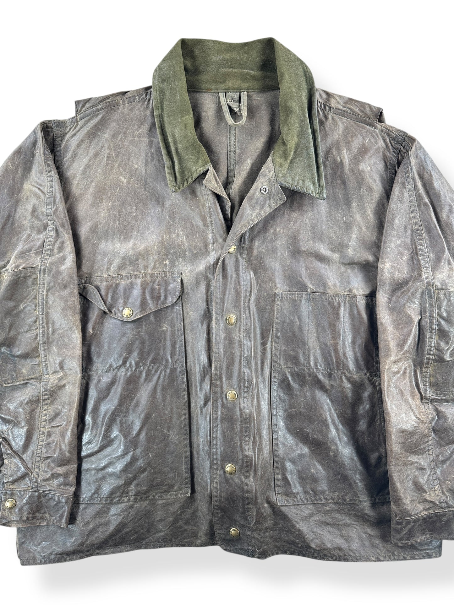 Front Close Up of Vintage Filson Waxed Tin Cloth Jacket SZ XXXL