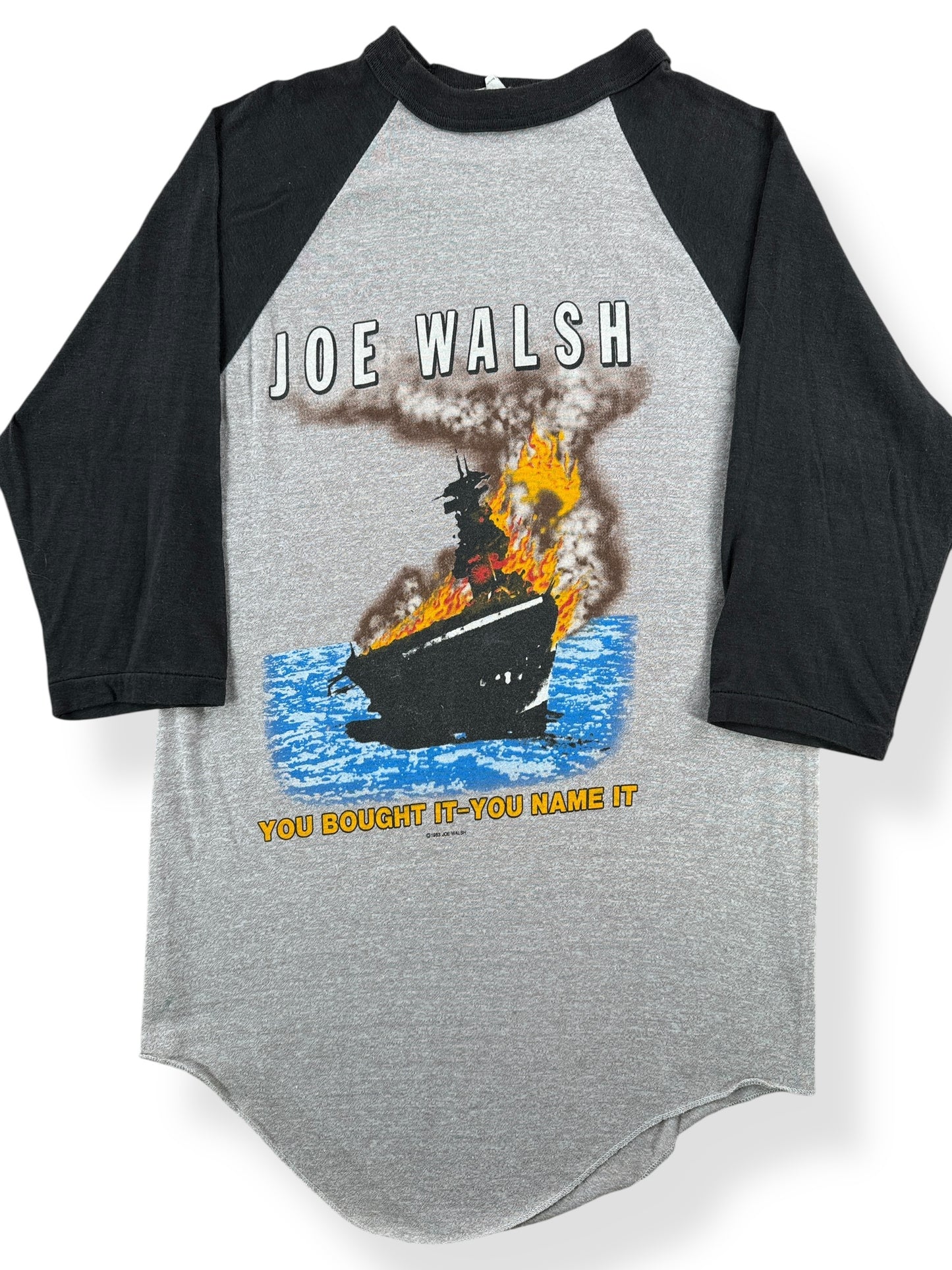 Front Close Up of Vintage Joe Walsh Tour '83 Raglan Tee SZ S
