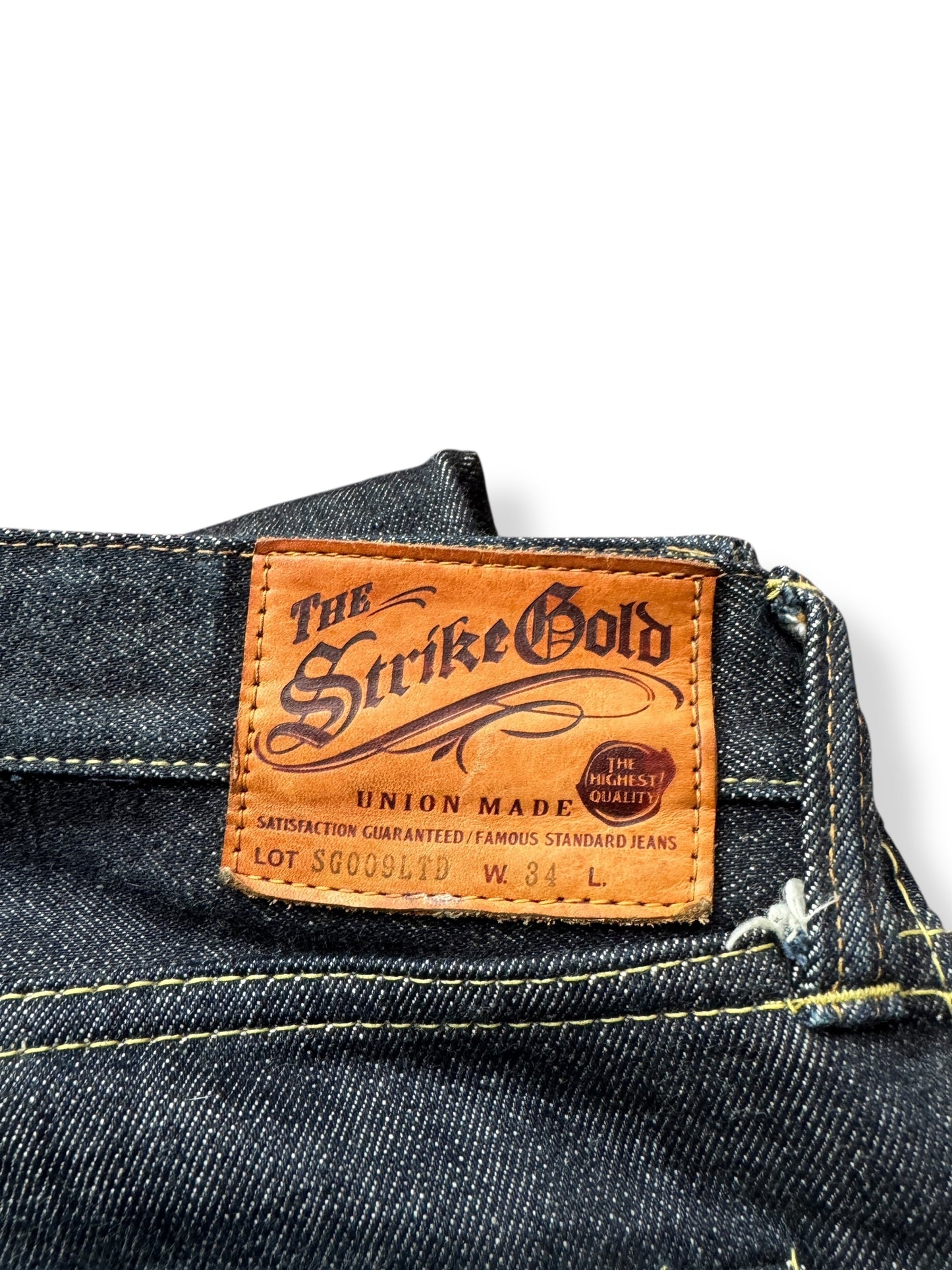 Leather Tab on Strike Gold 009LTD Japanese Selvedge Skinny Fit W34