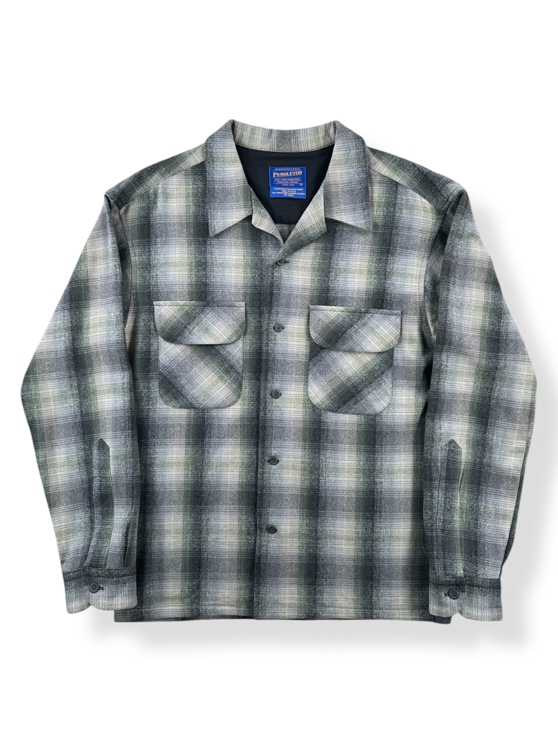 Front of Vintage Made in Mexico Pendleton Green & Grey Plaid Board Shirt SZ L